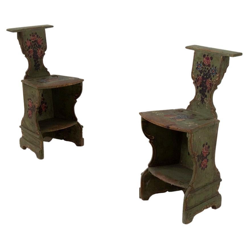 Pair of kneeler chairs in polychrome wood, probably Tirol