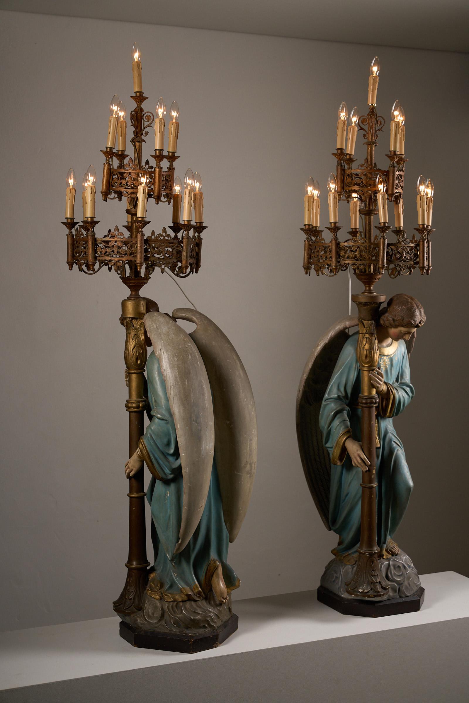 Pair of Kneeling Angel Candle Holders with Chandeliers - 19th Century For Sale 9