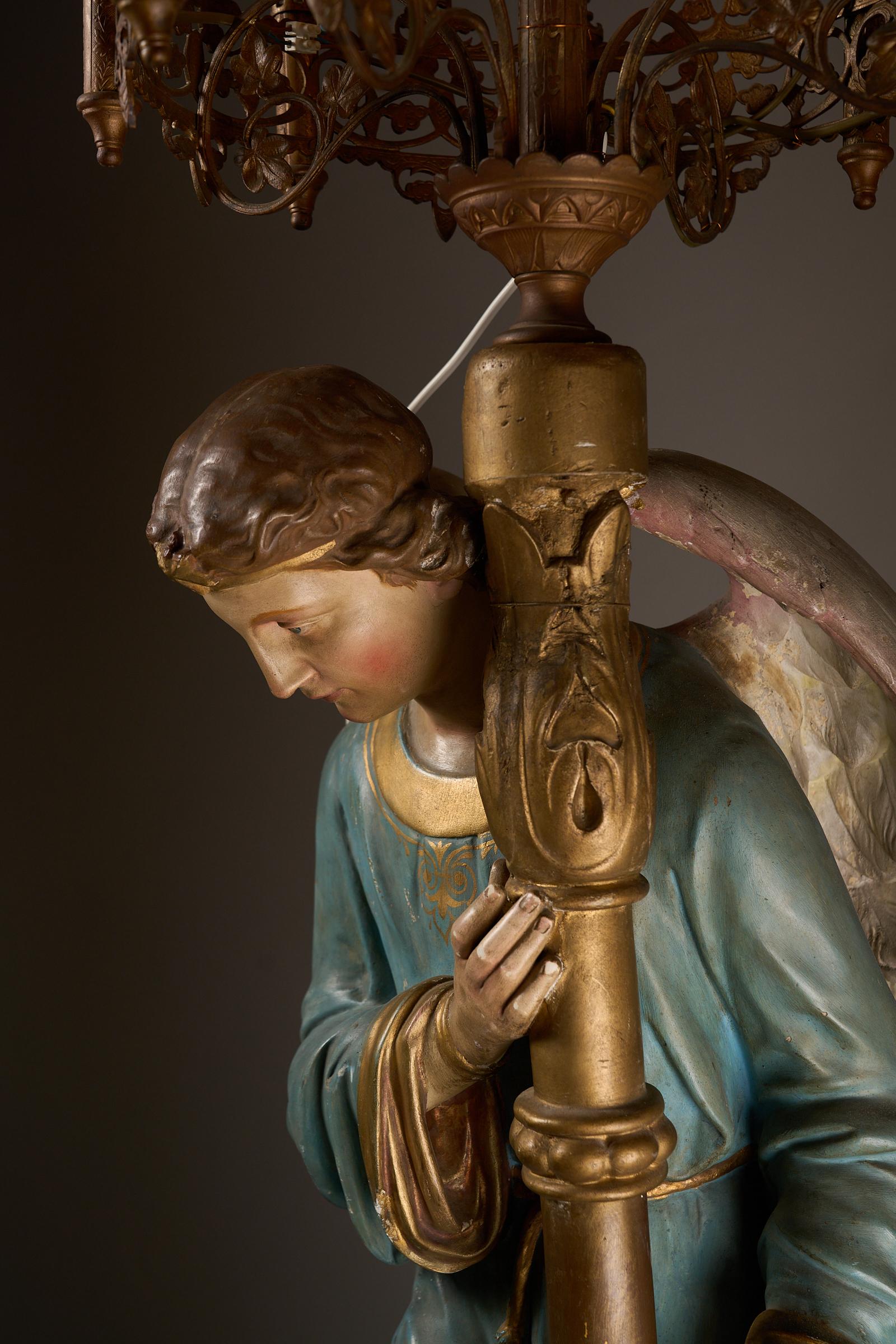 Pair of Kneeling Angel Candle Holders with Chandeliers - 19th Century For Sale 12