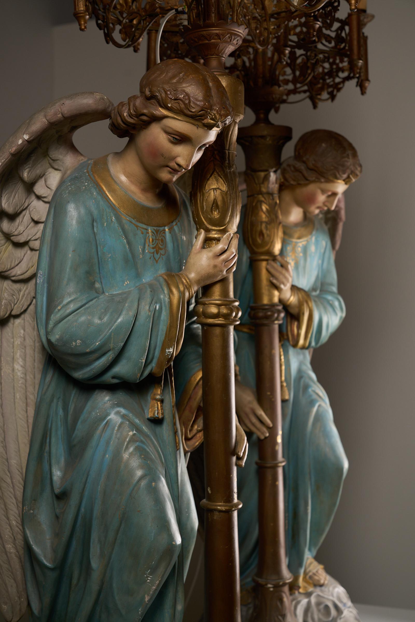 Pair of Kneeling Angel Candle Holders with Chandeliers - 19th Century For Sale 14