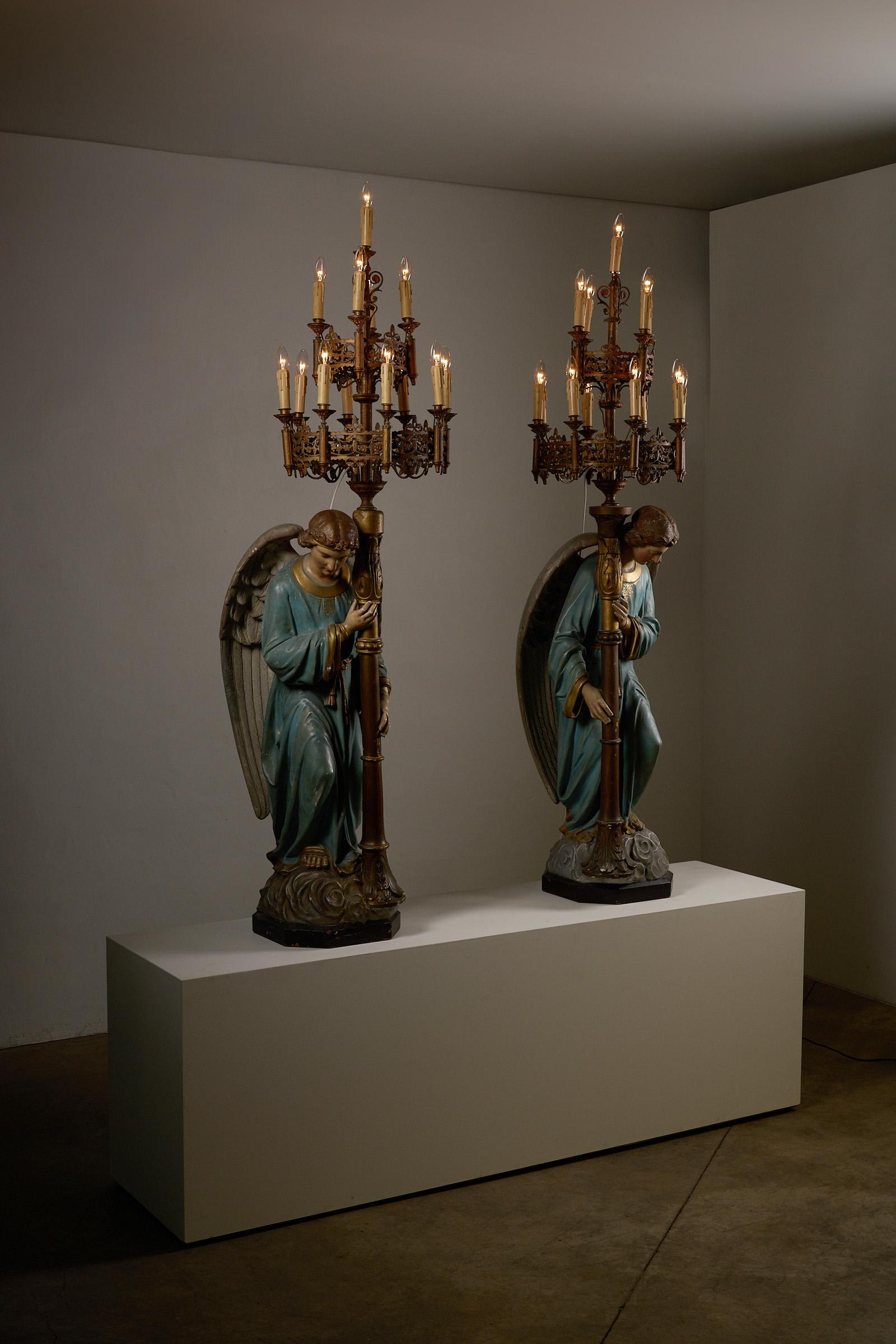 European Pair of Kneeling Angel Candle Holders with Chandeliers - 19th Century For Sale