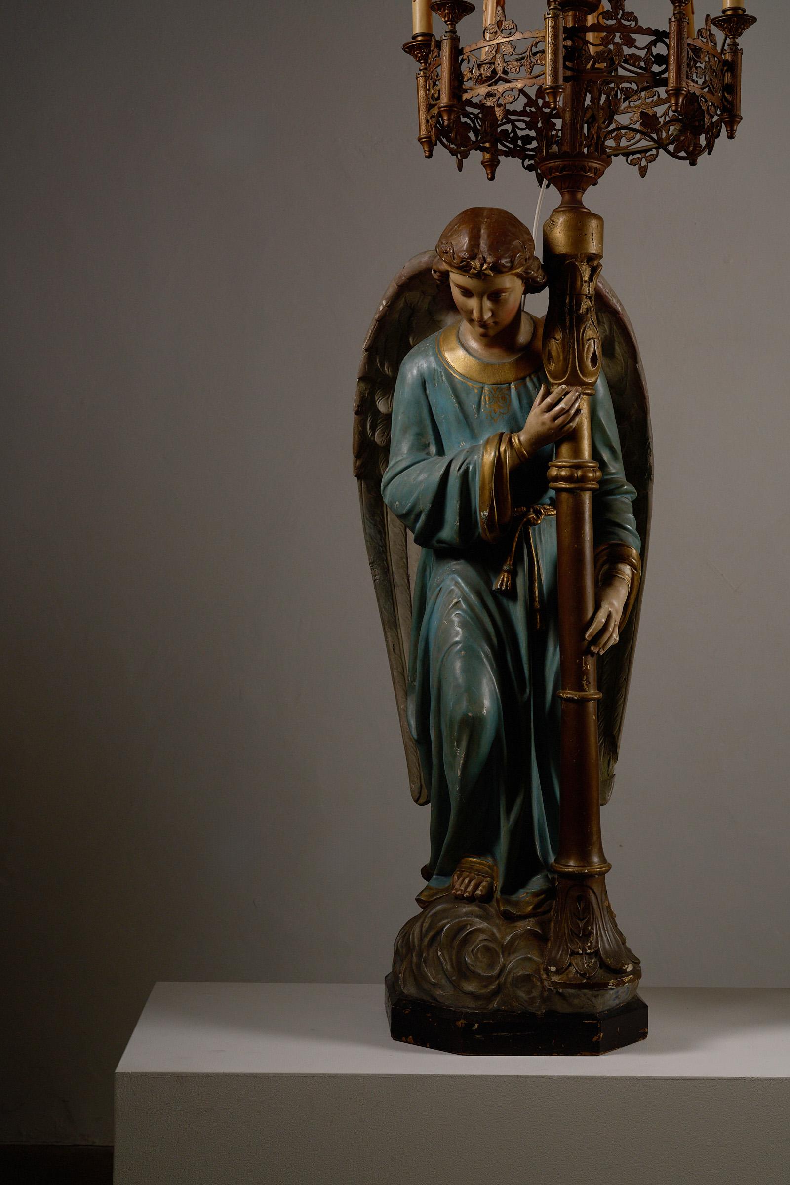 Hand-Crafted Pair of Kneeling Angel Candle Holders with Chandeliers - 19th Century For Sale