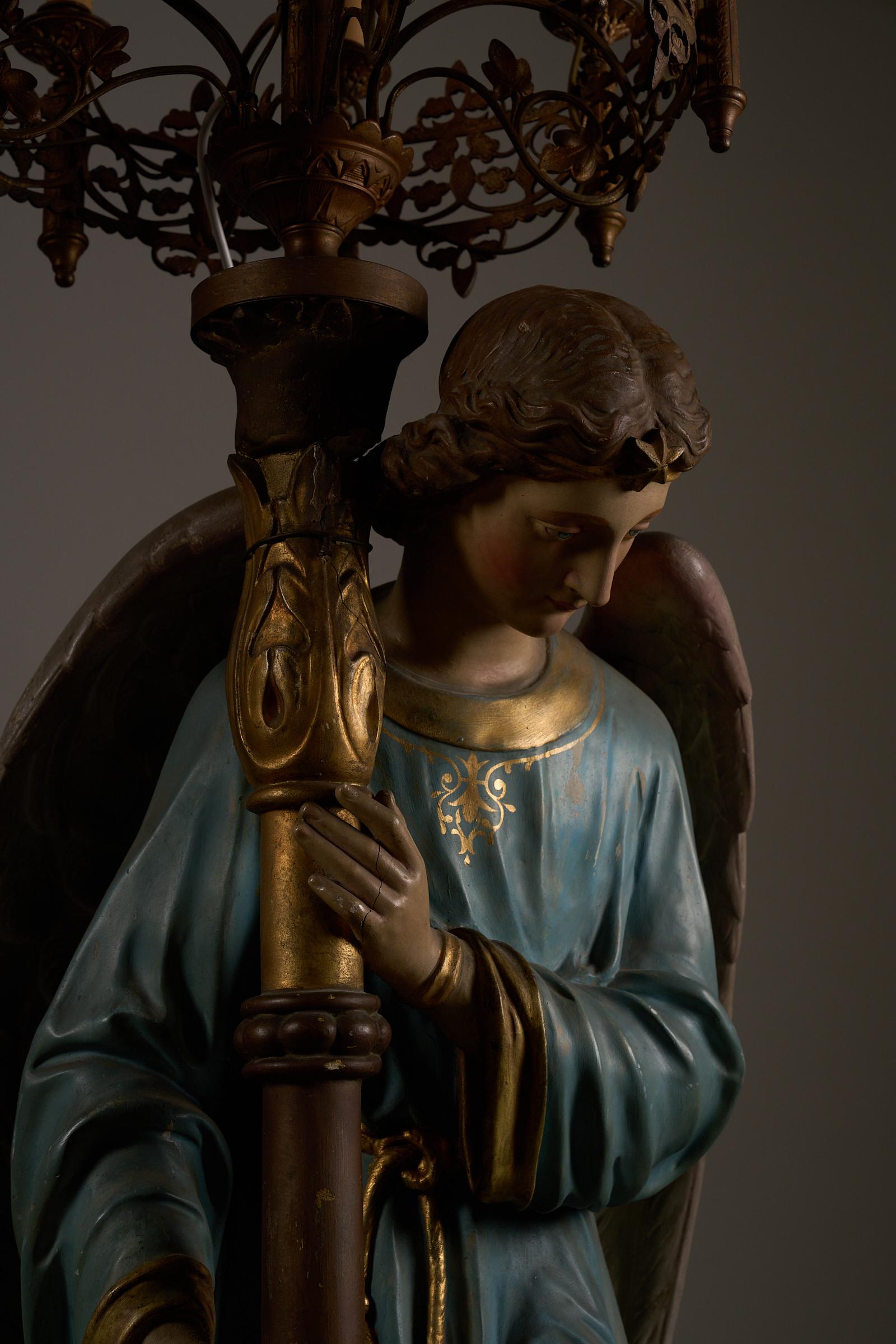 Pair of Kneeling Angel Candle Holders with Chandeliers - 19th Century In Good Condition For Sale In Mortsel, BE