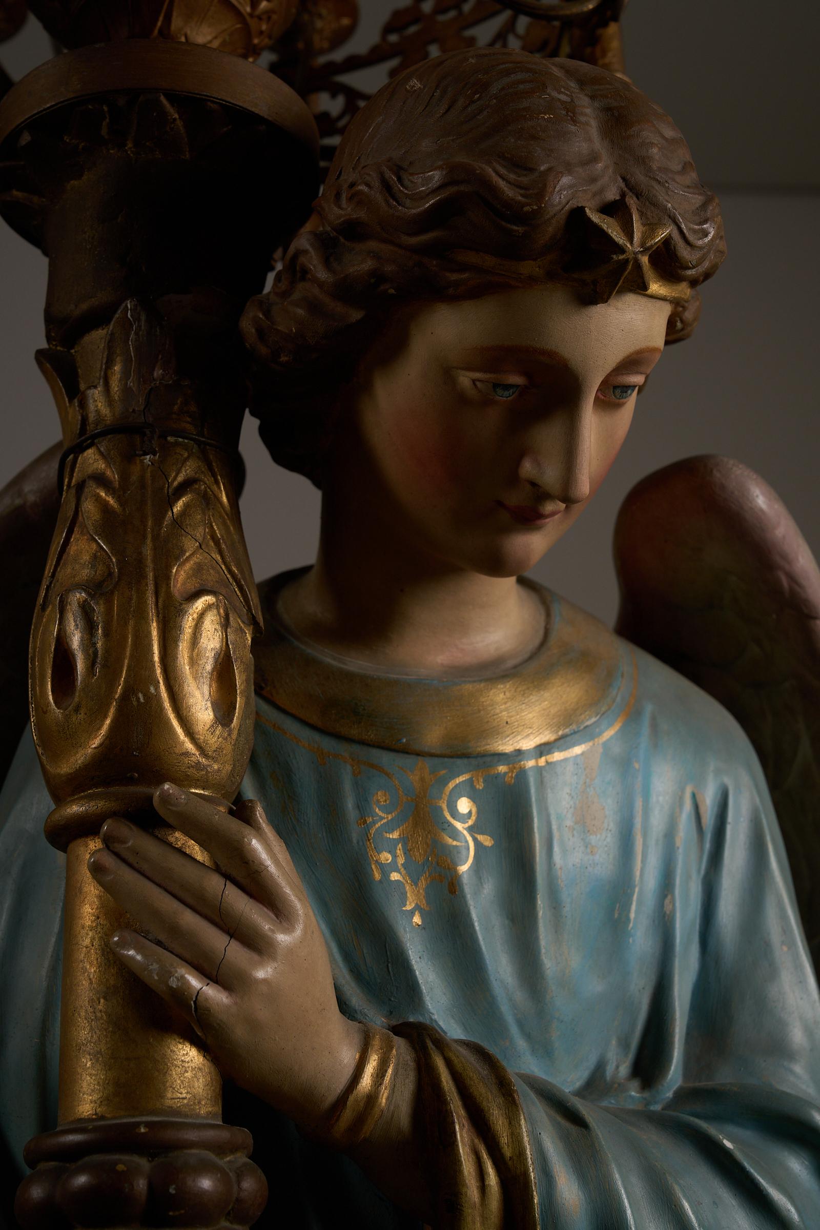 Brass Pair of Kneeling Angel Candle Holders with Chandeliers - 19th Century For Sale