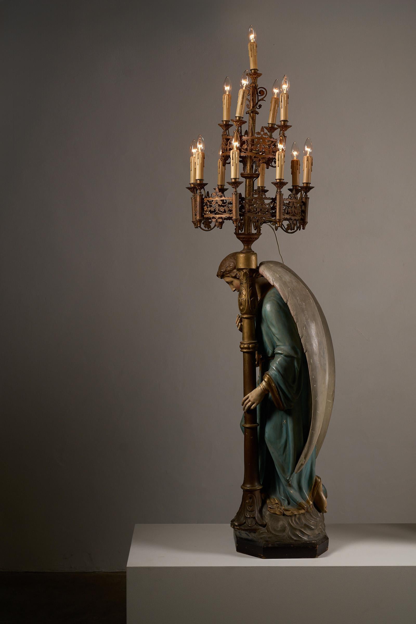 Pair of Kneeling Angel Candle Holders with Chandeliers - 19th Century For Sale 3