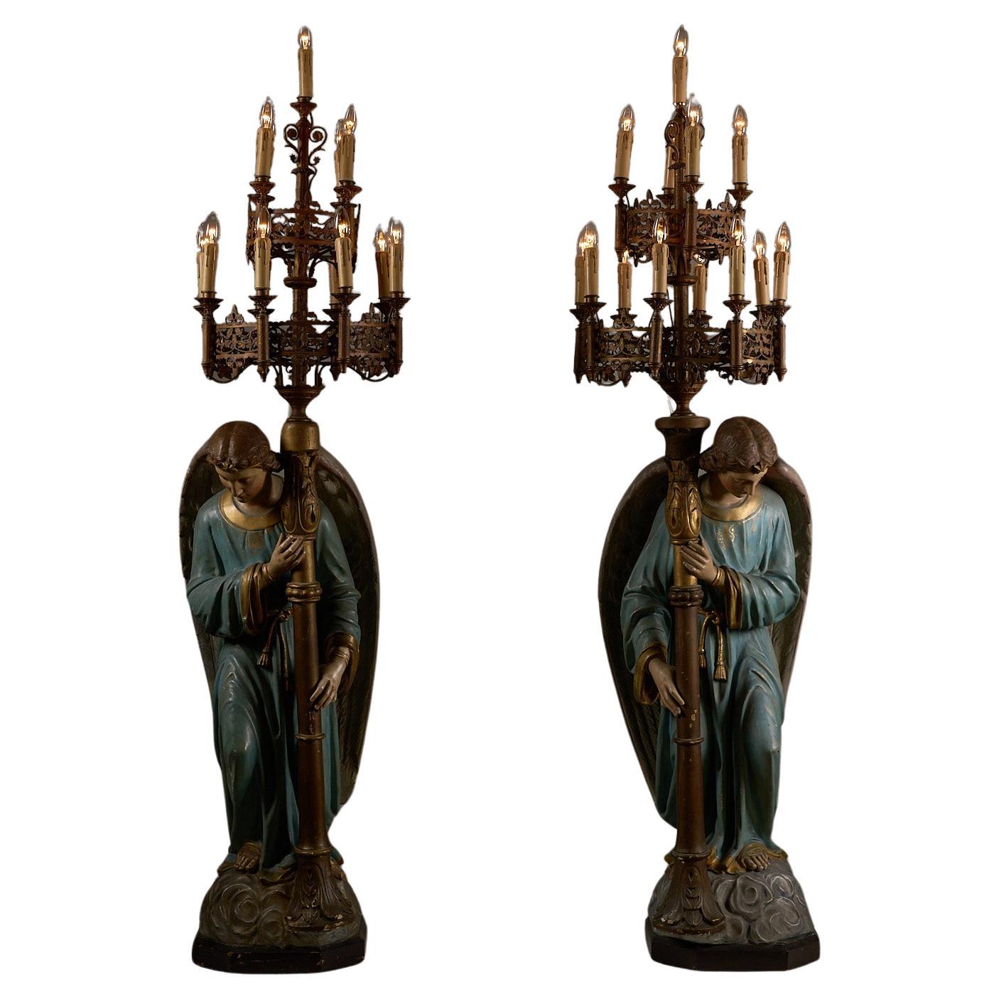 Pair of Kneeling Angel Candle Holders with Chandeliers - 19th Century