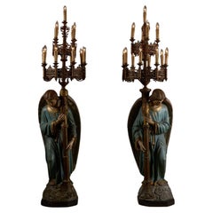 Pair of Kneeling Angel Candle Holders with Chandeliers - 19th Century
