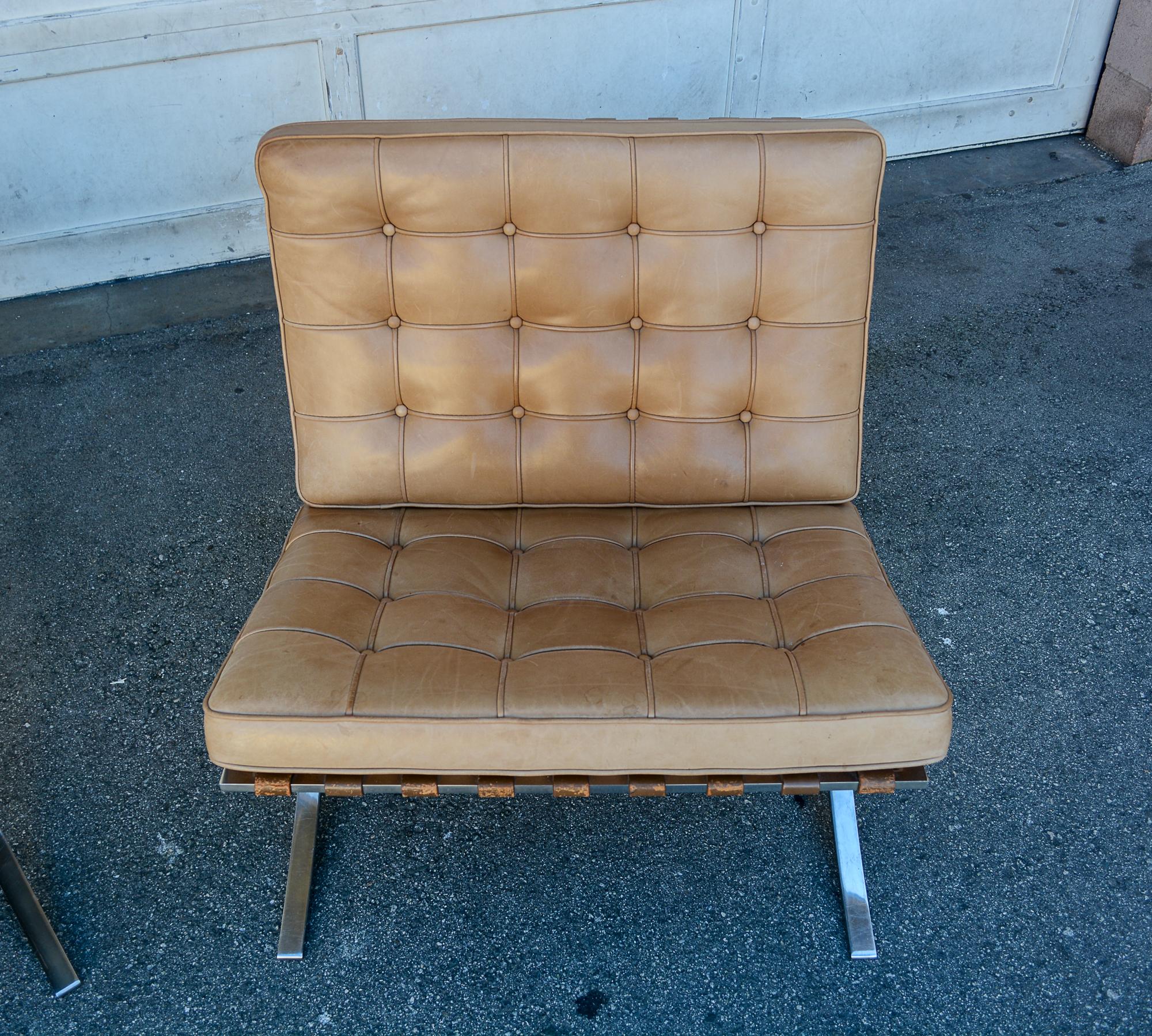 Pair of Knoll Barcelona Chairs by Mies Van Der Rohe In Fair Condition For Sale In San Mateo, CA