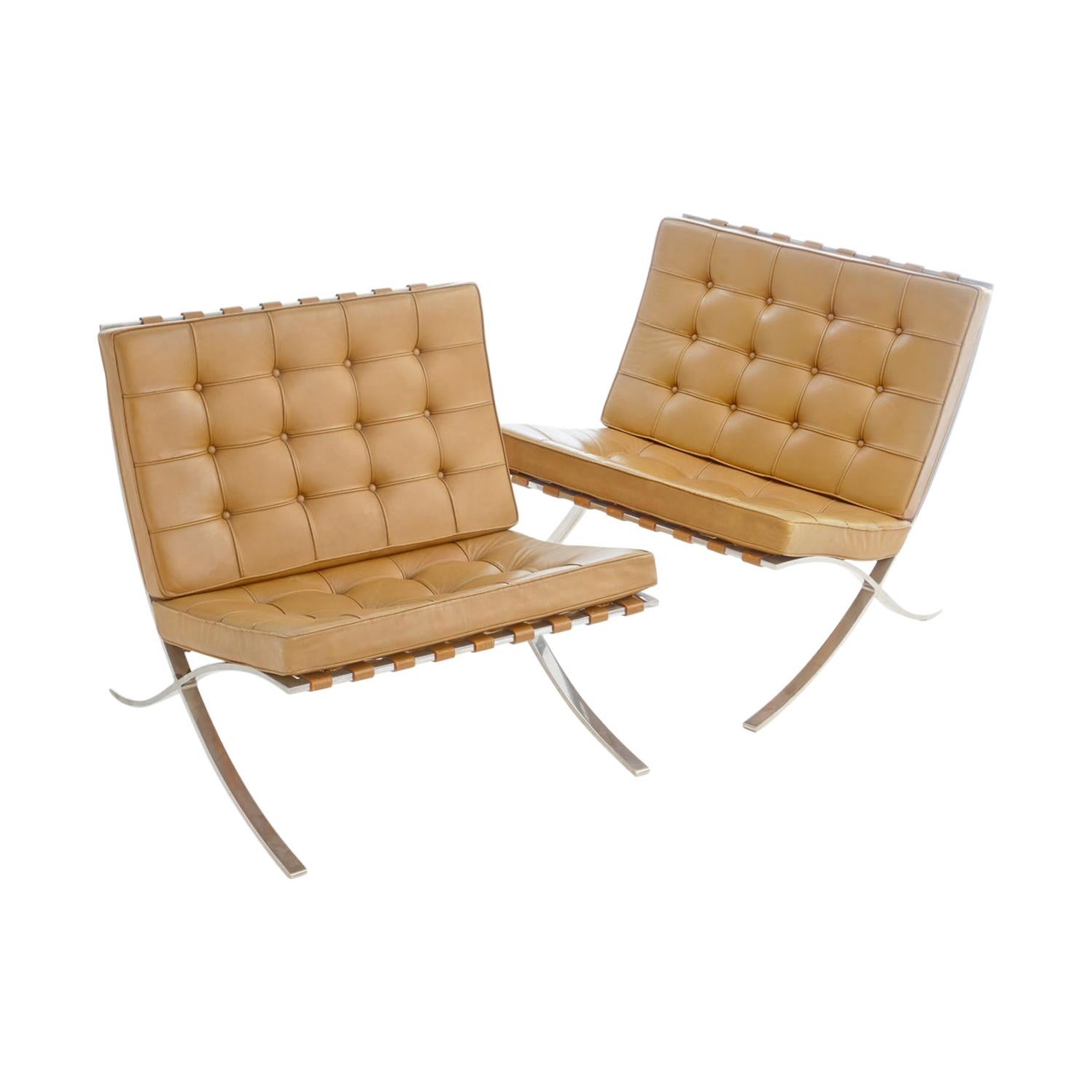 Pair of Knoll Barcelona Chairs Tan Leather 1960s Mies van der Rohe