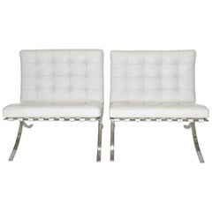 Used Pair of Knoll Barcelona Lounge Chairs in White Sabrina Leather Circa 1997