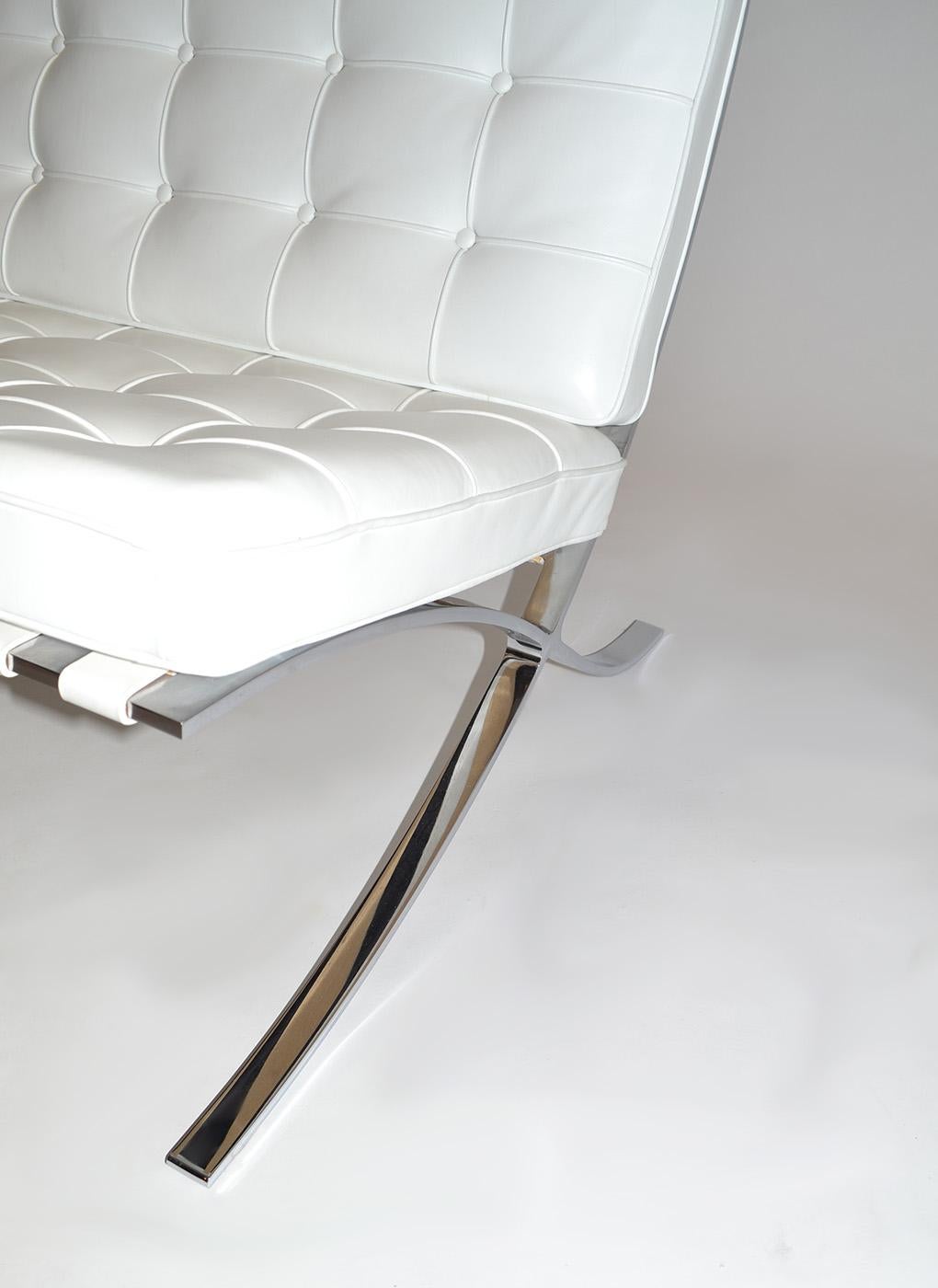 Steel Pair of Knoll Barcelona Lounge Chairs in White Sabrina Leather Circa 2000s