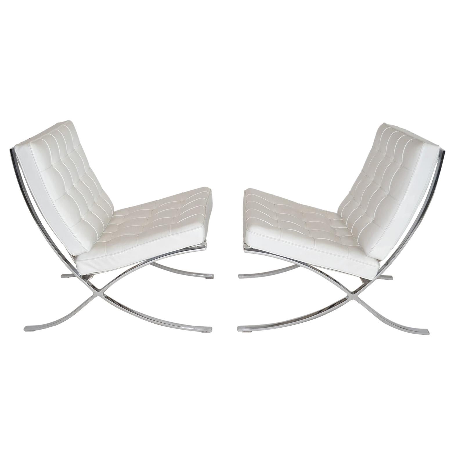 Pair of Knoll Barcelona Lounge Chairs in White Sabrina Leather Circa 2000s
