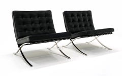 Pair of Knoll Black Leather & Stainless Steel Barcelona Chairs, Signed