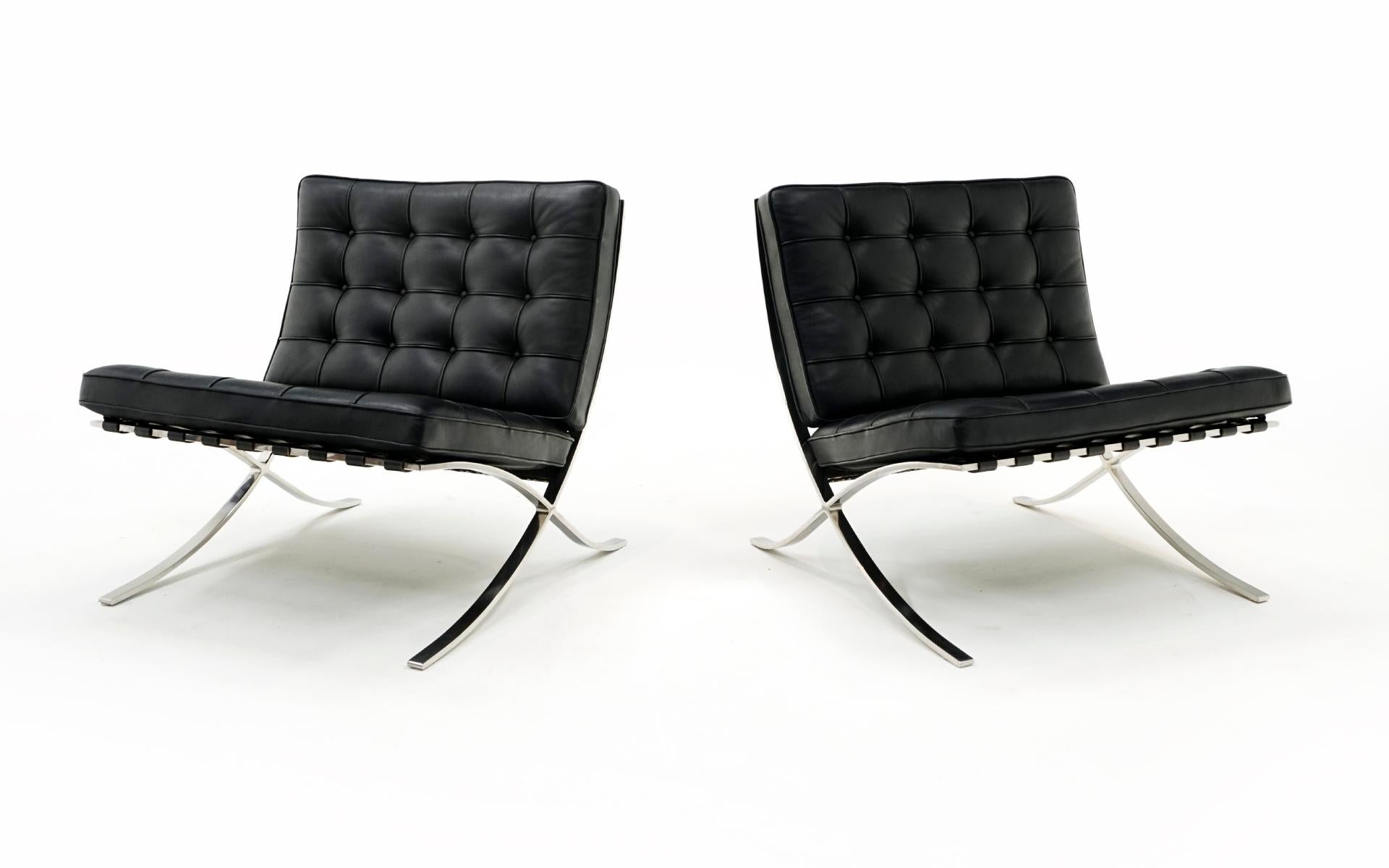American Pair of Knoll Black Leather & Stainless Steel Barcelona Chairs, Signed