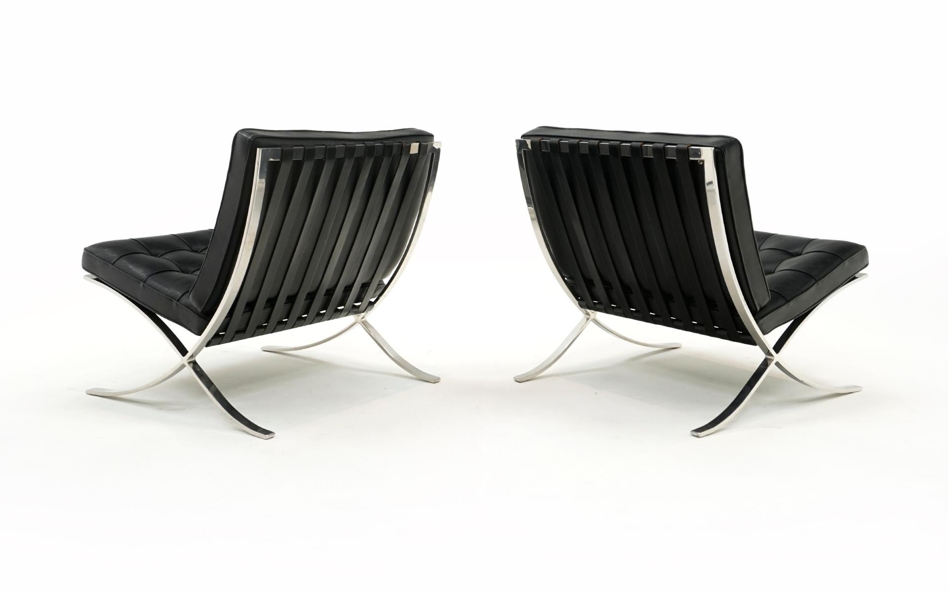 Contemporary Pair of Knoll Black Leather & Stainless Steel Barcelona Chairs, Signed