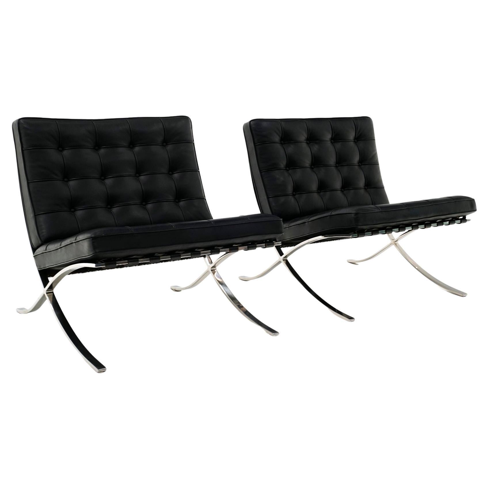 Pair of Knoll Black Leather & Stainless Steel Barcelona Chairs, Signed For Sale