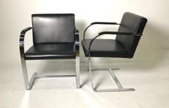Pair of Knoll Bruno Style Flat Bar Chairs with Black Leather Upholstery
