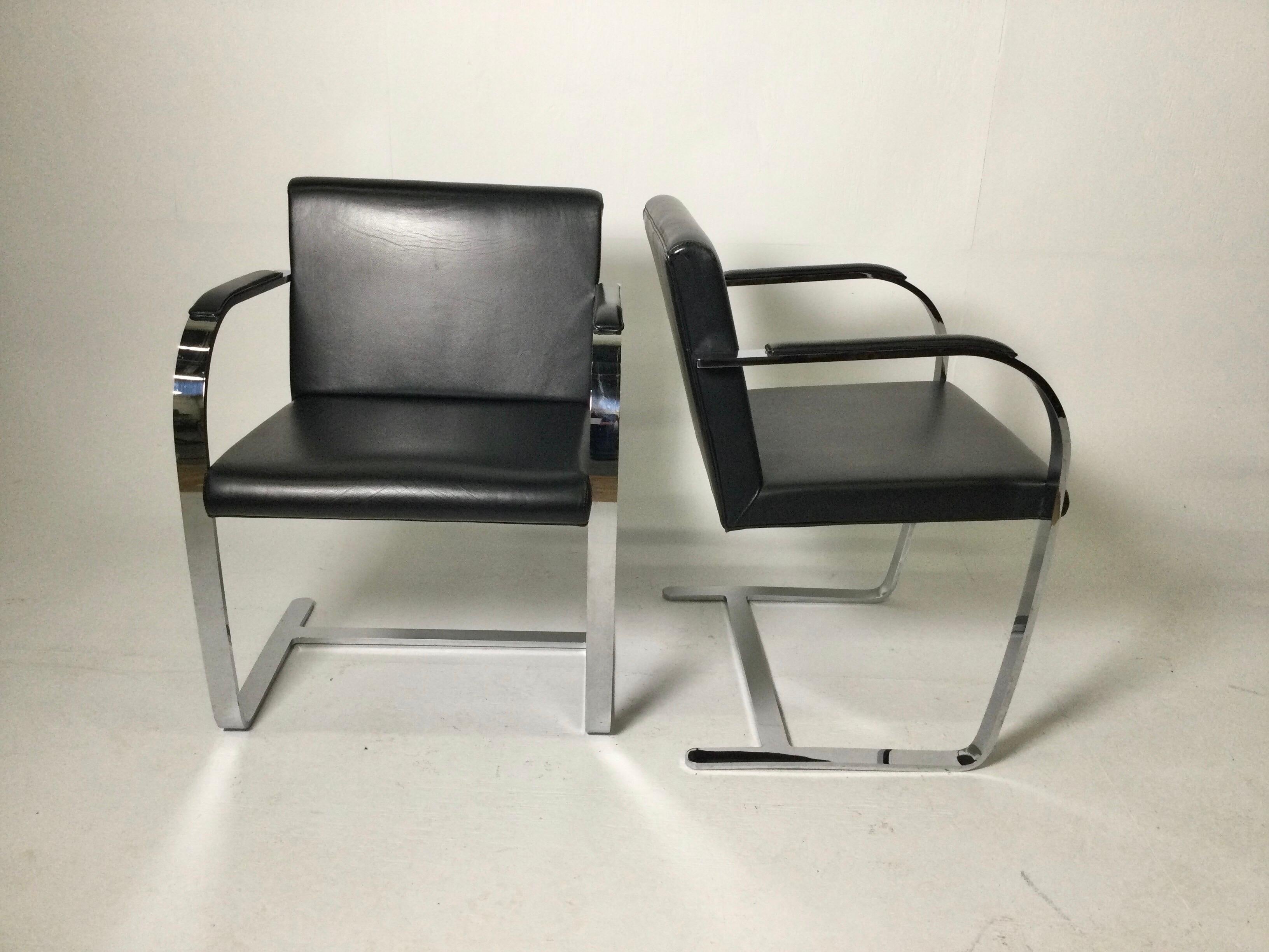 American Pair of Knoll Bruno Style Flat Bar Chairs with Black Leather Upholstery For Sale