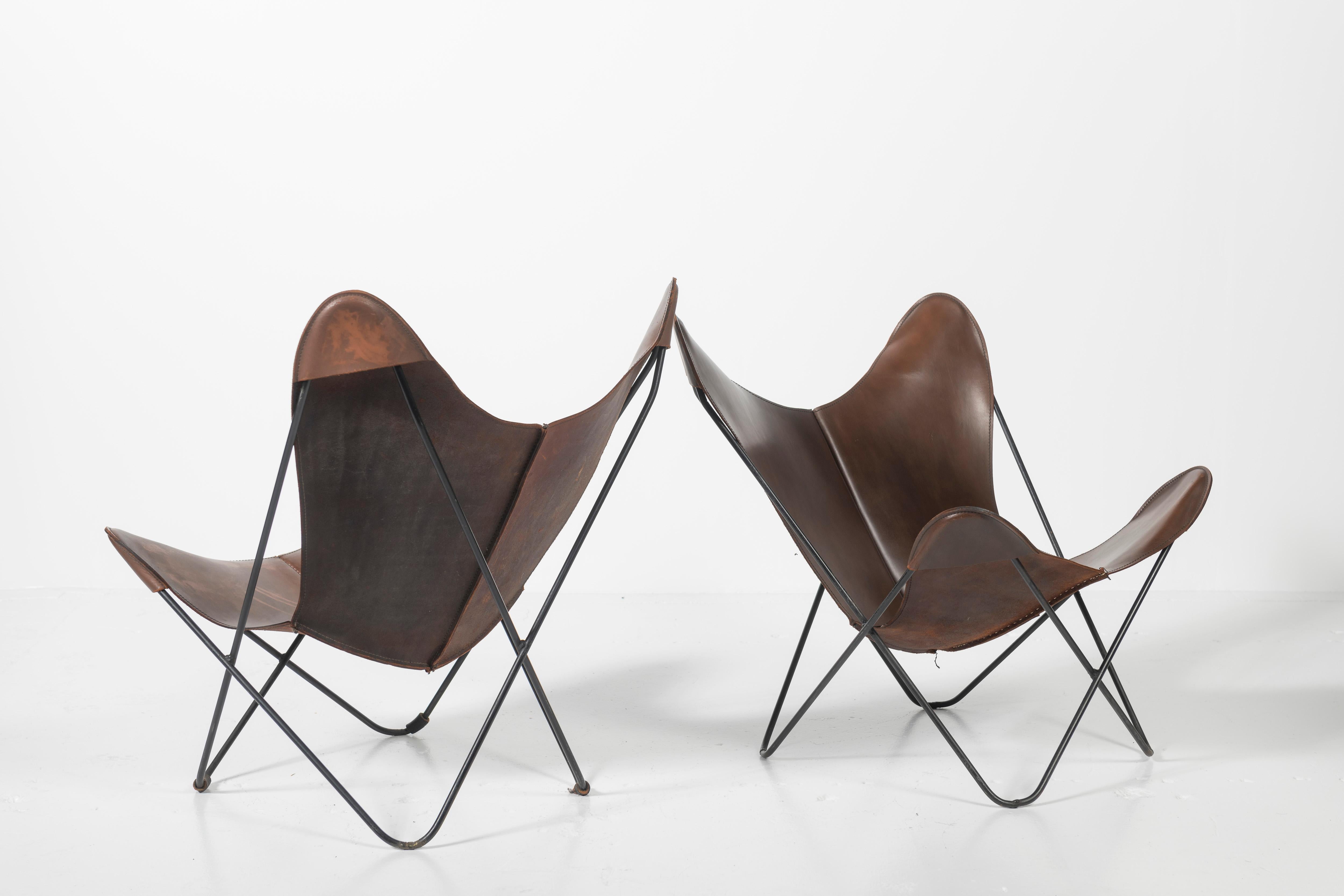 Metal Two Knoll Butterfly Chairs in Cognac Leather For Sale