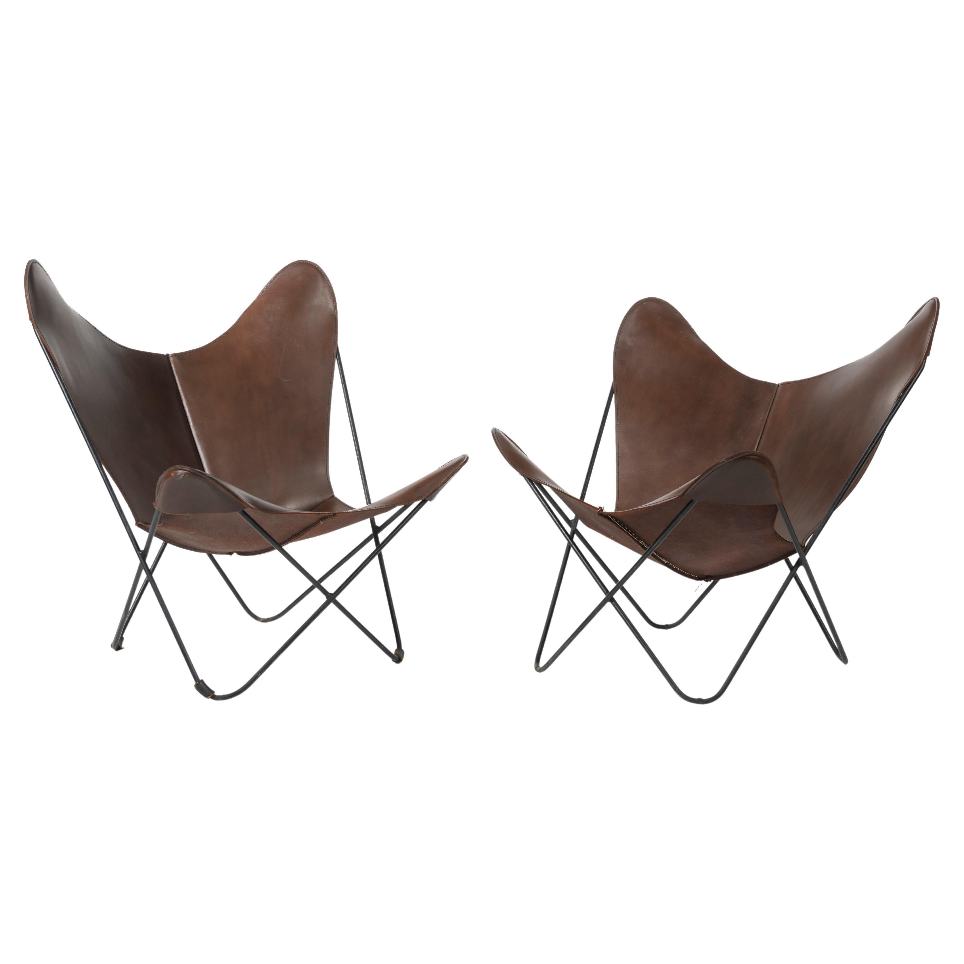 Two Knoll Butterfly Chairs in Cognac Leather For Sale