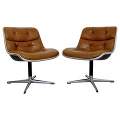 Pair of Knoll Charles Pollack Cognac Leather Rolling Chairs