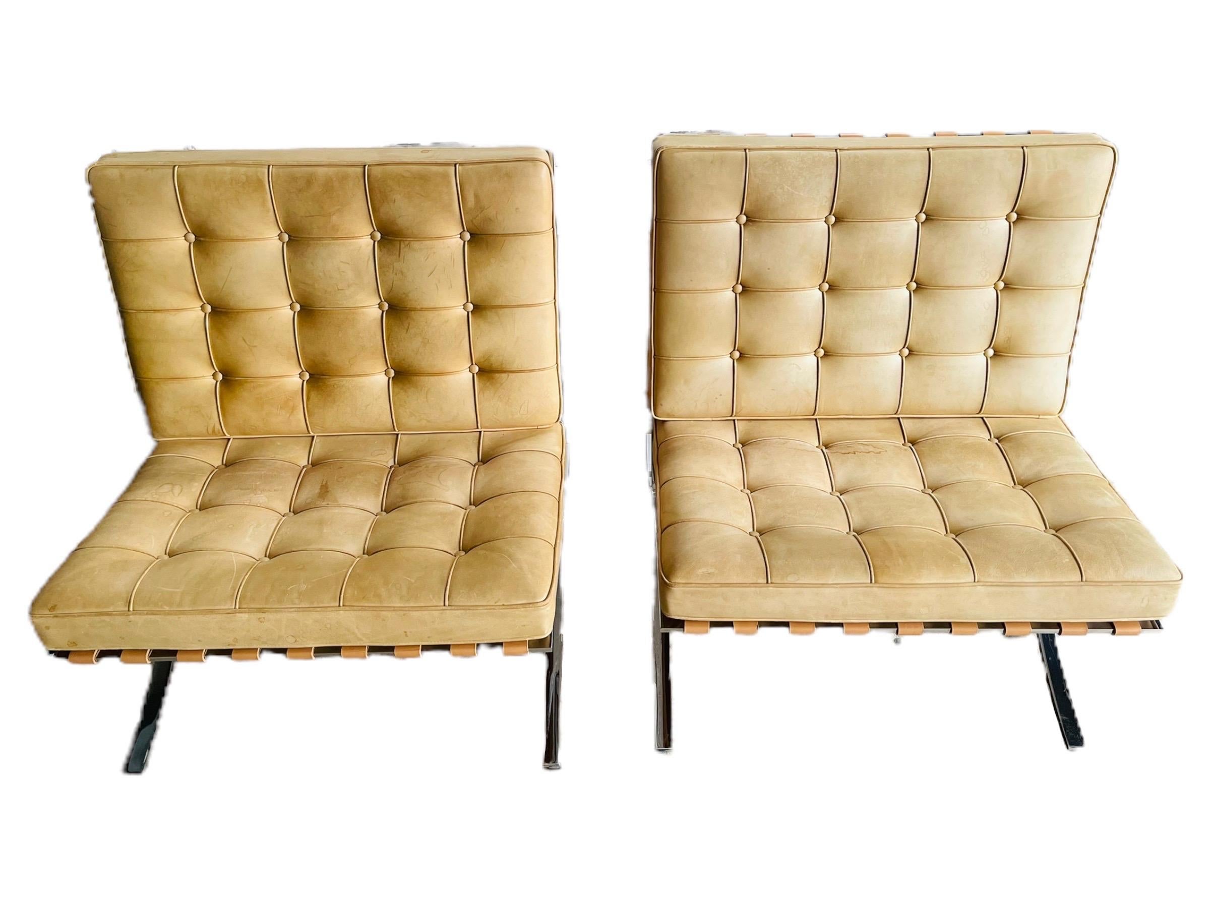 Mid-Century Modern Pair of Knoll Cognac Leather Ludwig Mies Van Der Rohe Barcelona Chairs
