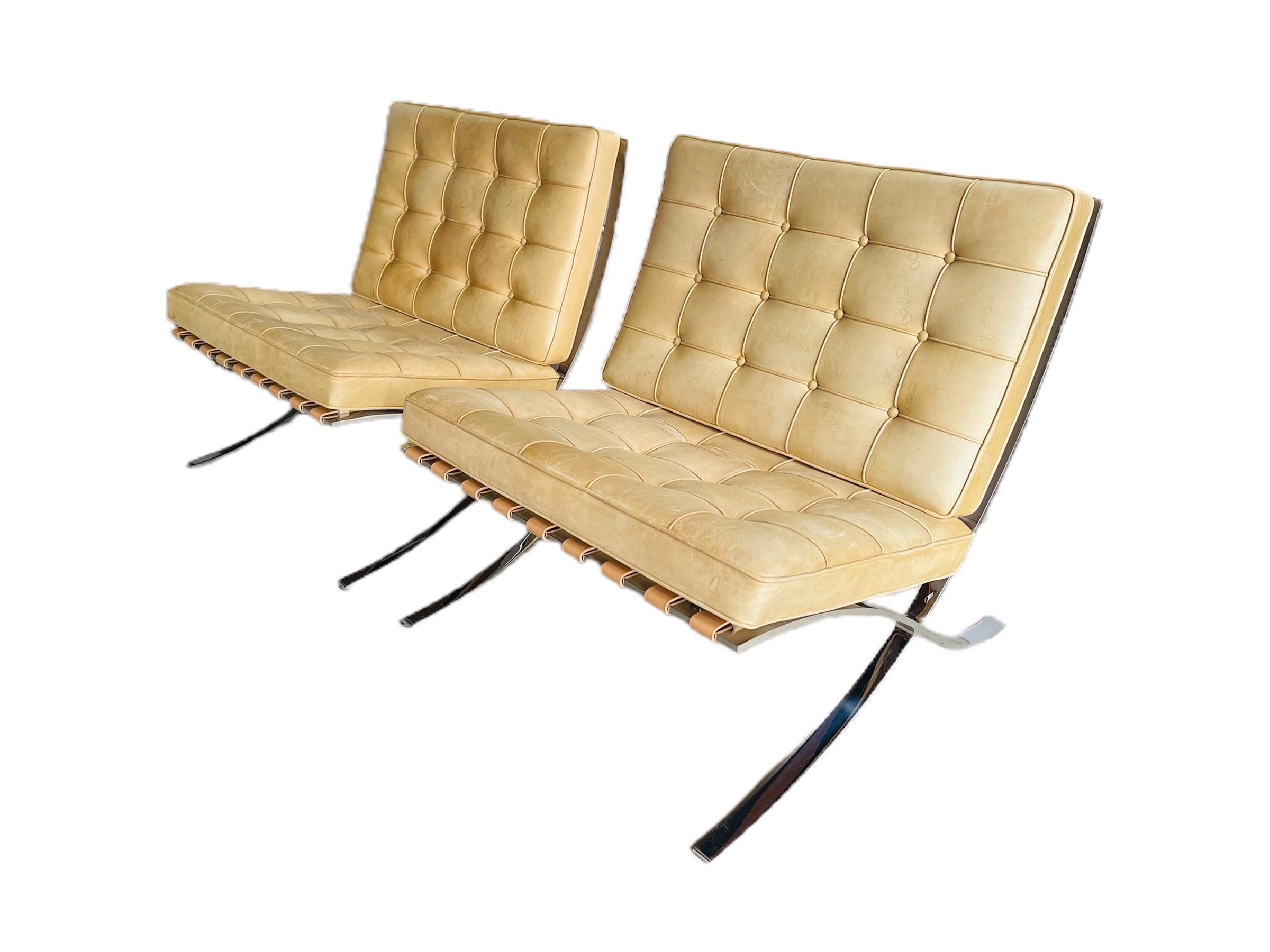 American Pair of Knoll Cognac Leather Ludwig Mies Van Der Rohe Barcelona Chairs
