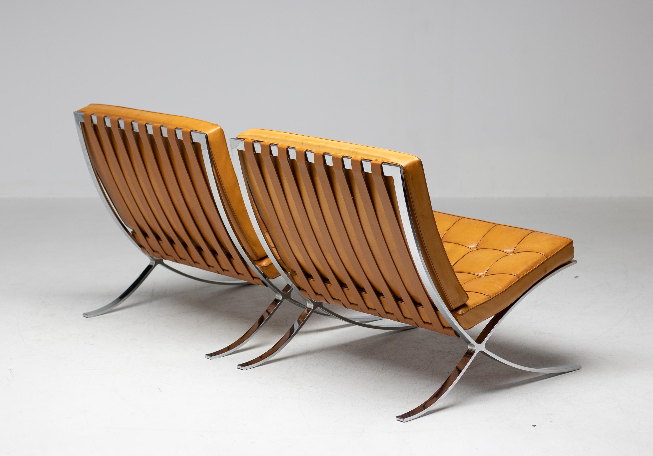 Chrome Pair of Knoll Cognac Leather Mies van der Rohe Split Frame Barcelona Chairs