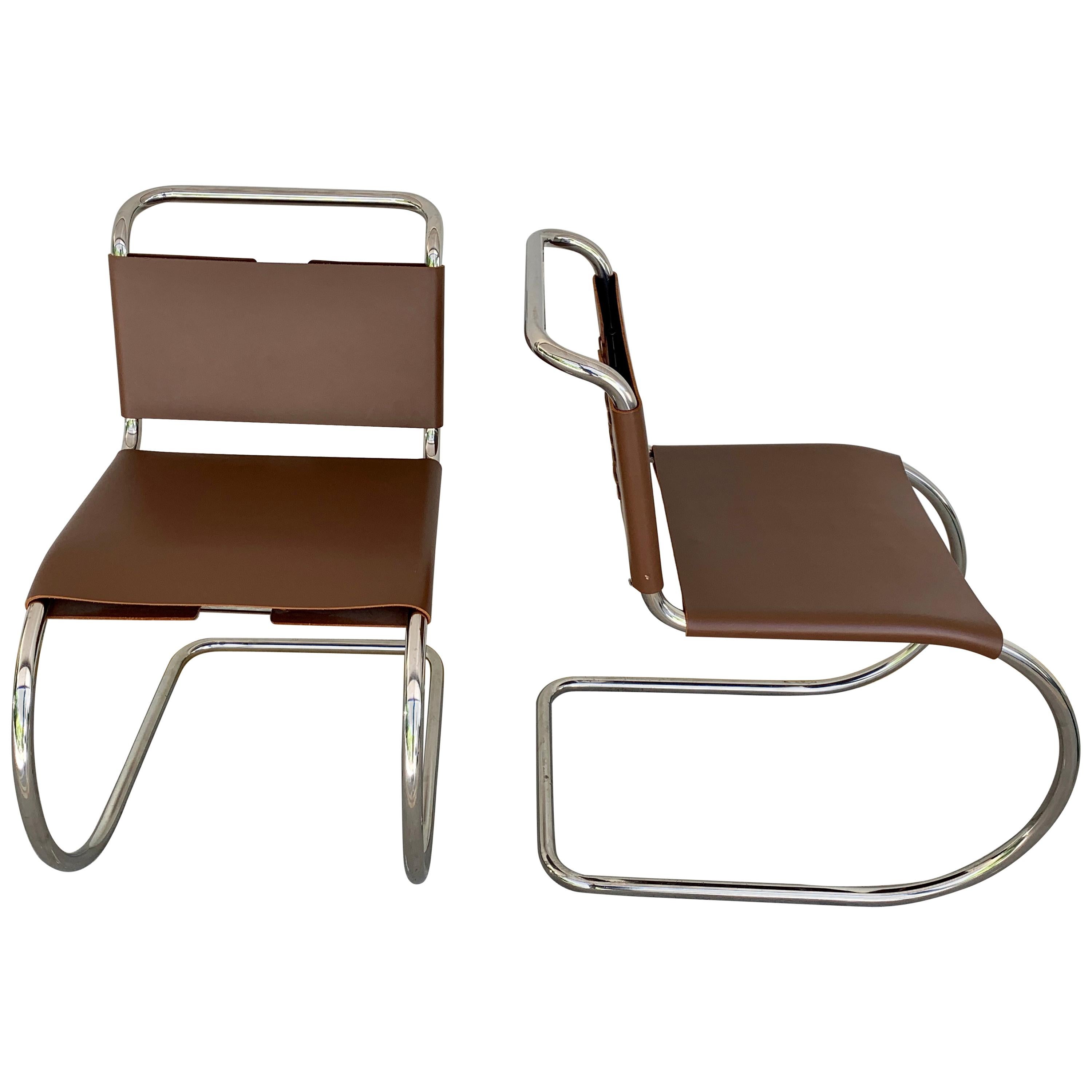 Pair of Knoll MR Chair, Stamped Knoll & Mies van der Rohe, Light Brown Cowhide