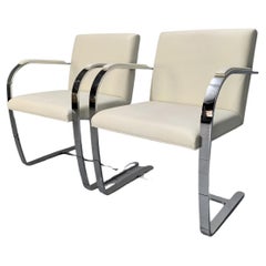 Pair of Knoll Studio “Brno Flat Bar” Armchairs in Chrome & White Leather