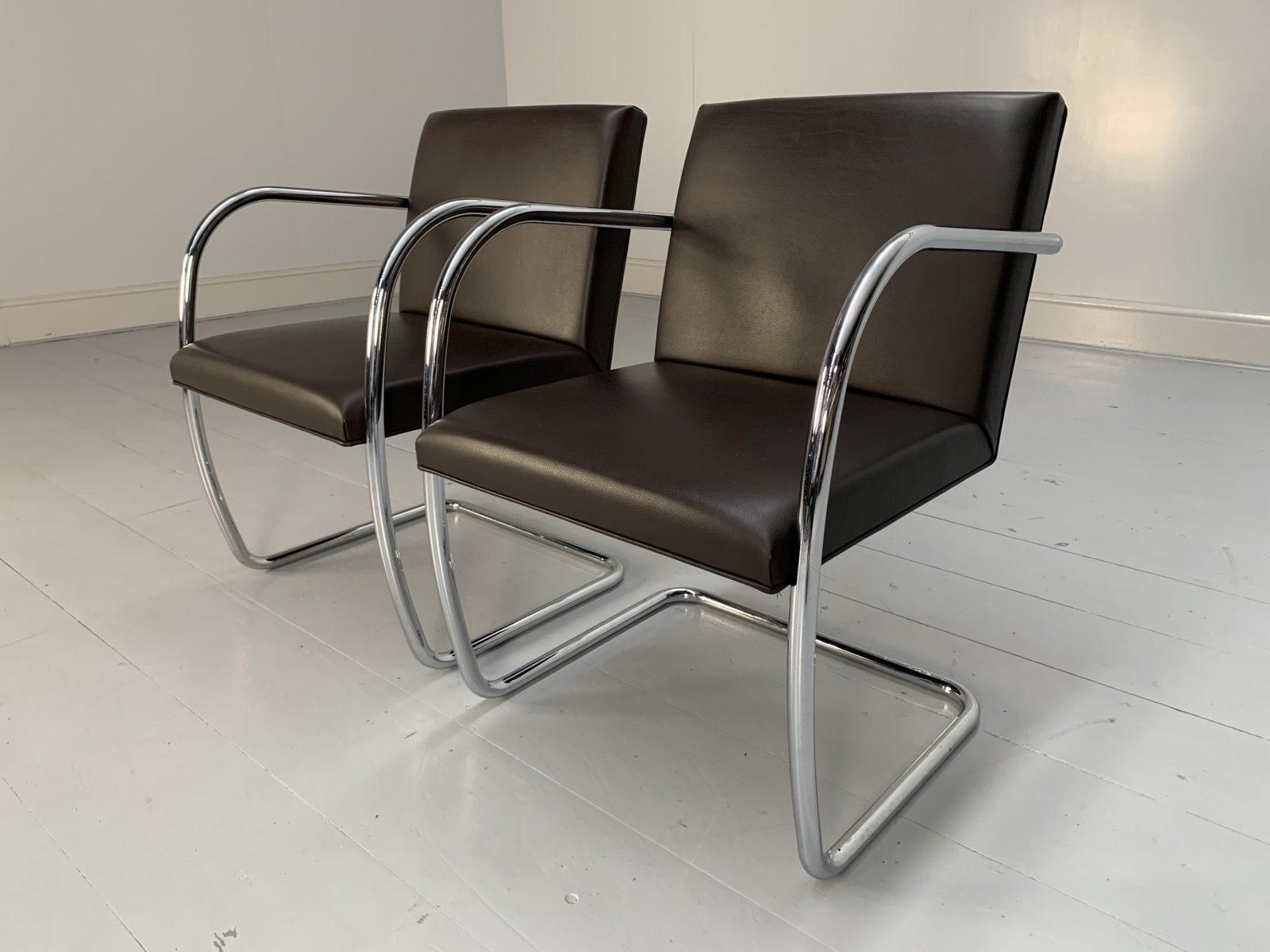 This is a rare, original identical-pair of “Brno Tubular” Armchairs from the world renown furniture house of Knoll Studio, dressed in a sublime, tactile dark-brown leather, and with polished-chrome framework.

In a world of temporary pleasures,