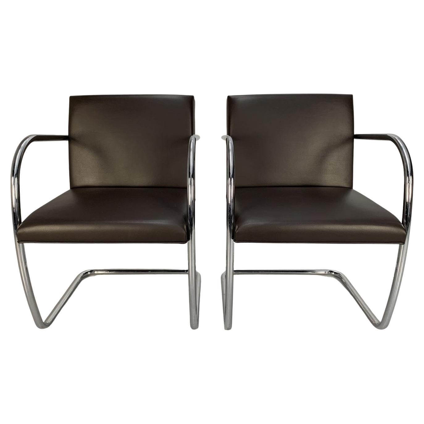 Pair of Knoll Studio “Brno Tubular” Lounge Chair Armchairs in Dark Brown Leather For Sale