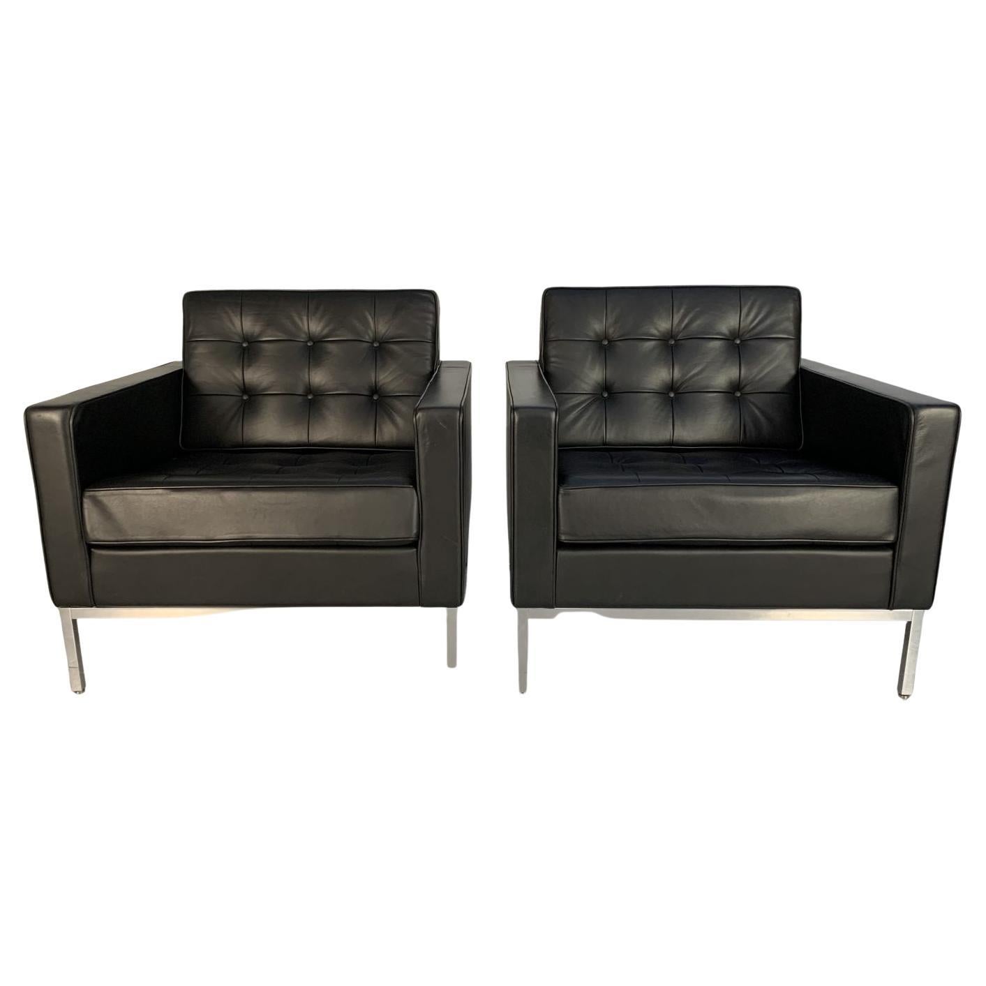 Pair of Knoll Studio “Florence Knoll” Lounge Armchairs In Black “Volo” Leather For Sale