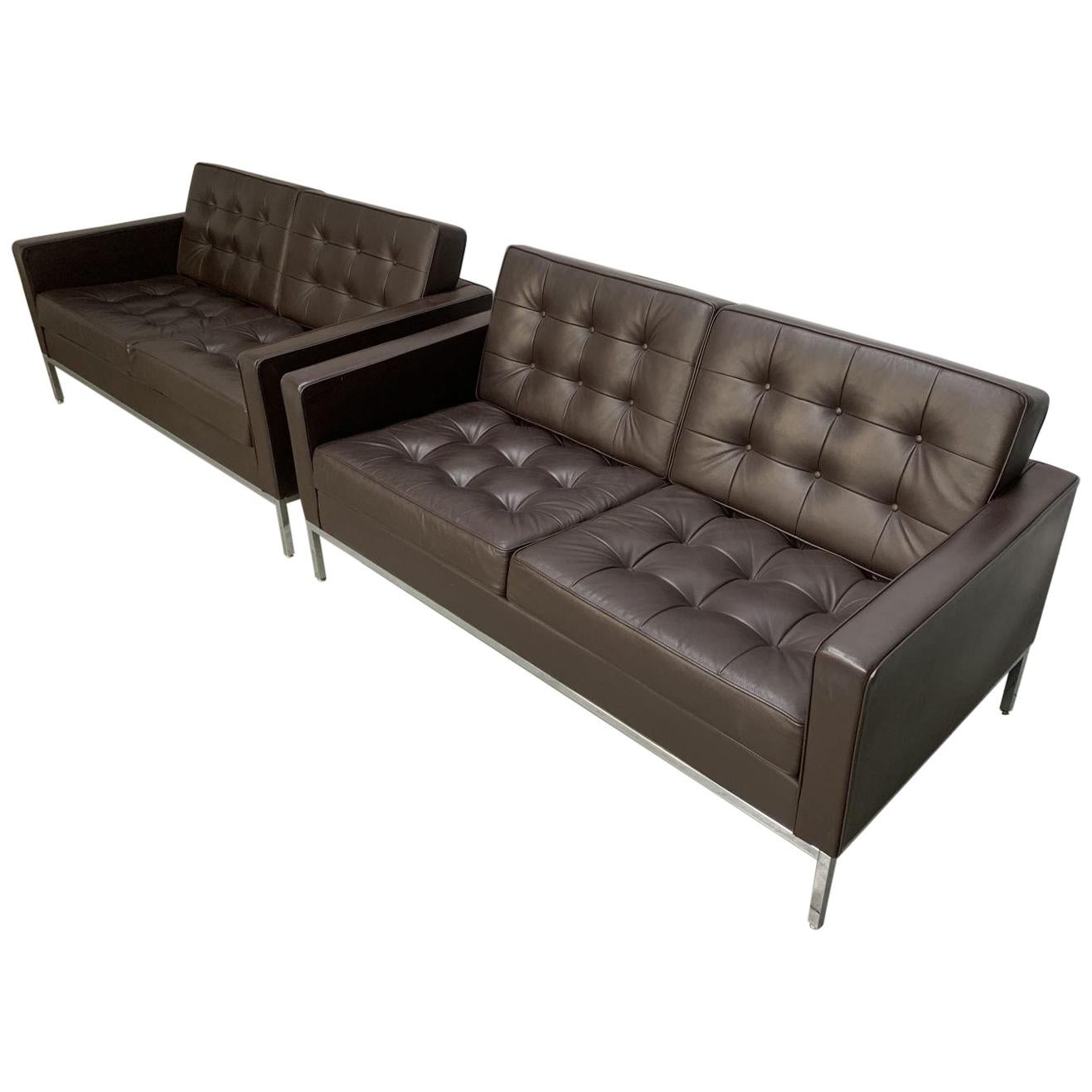 Pair of Knoll Studio “Florence Knoll” Settee Sofas in “Sabrina” Brown Leather