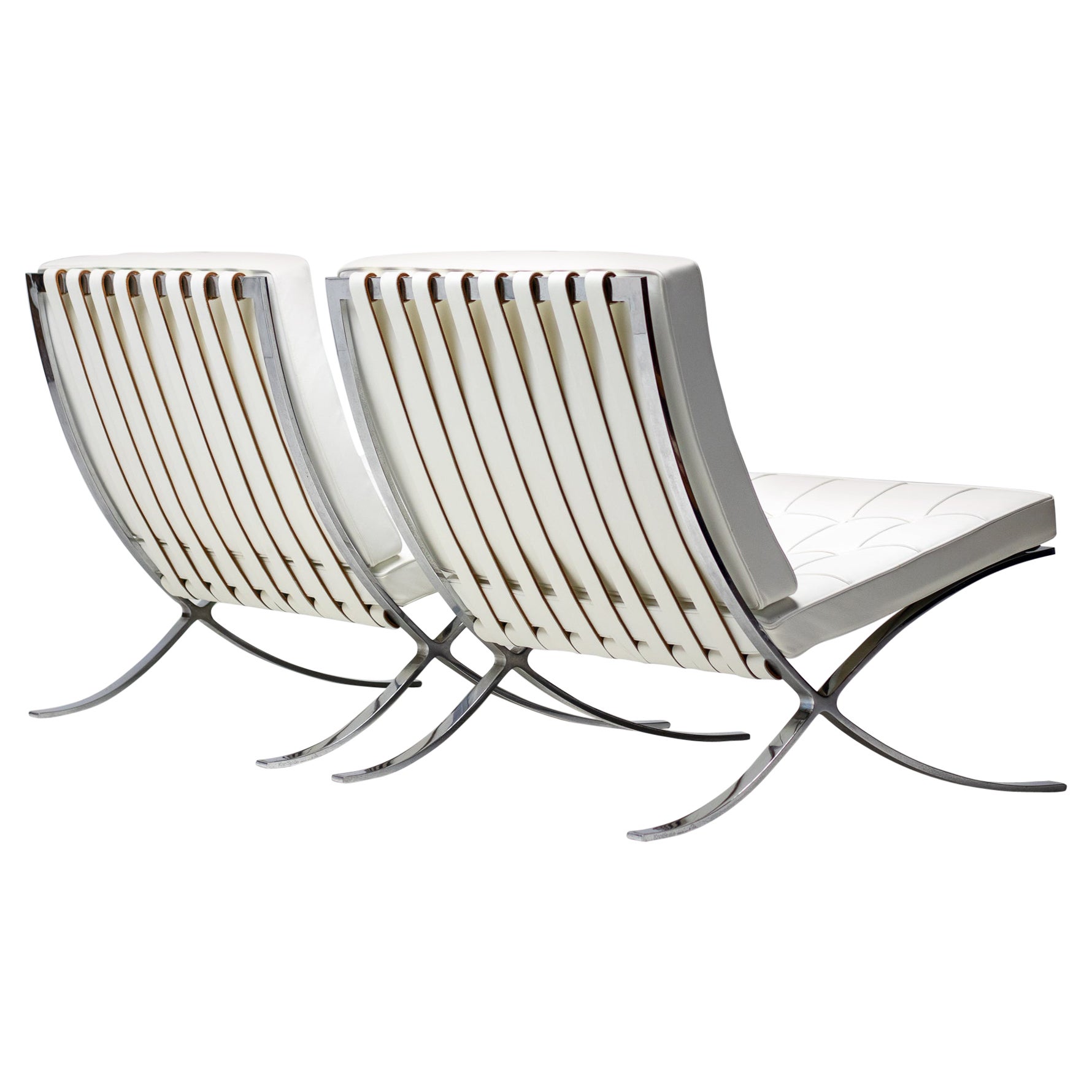 Pair of Knoll White Leather Mies van der Rohe Barcelona Chairs