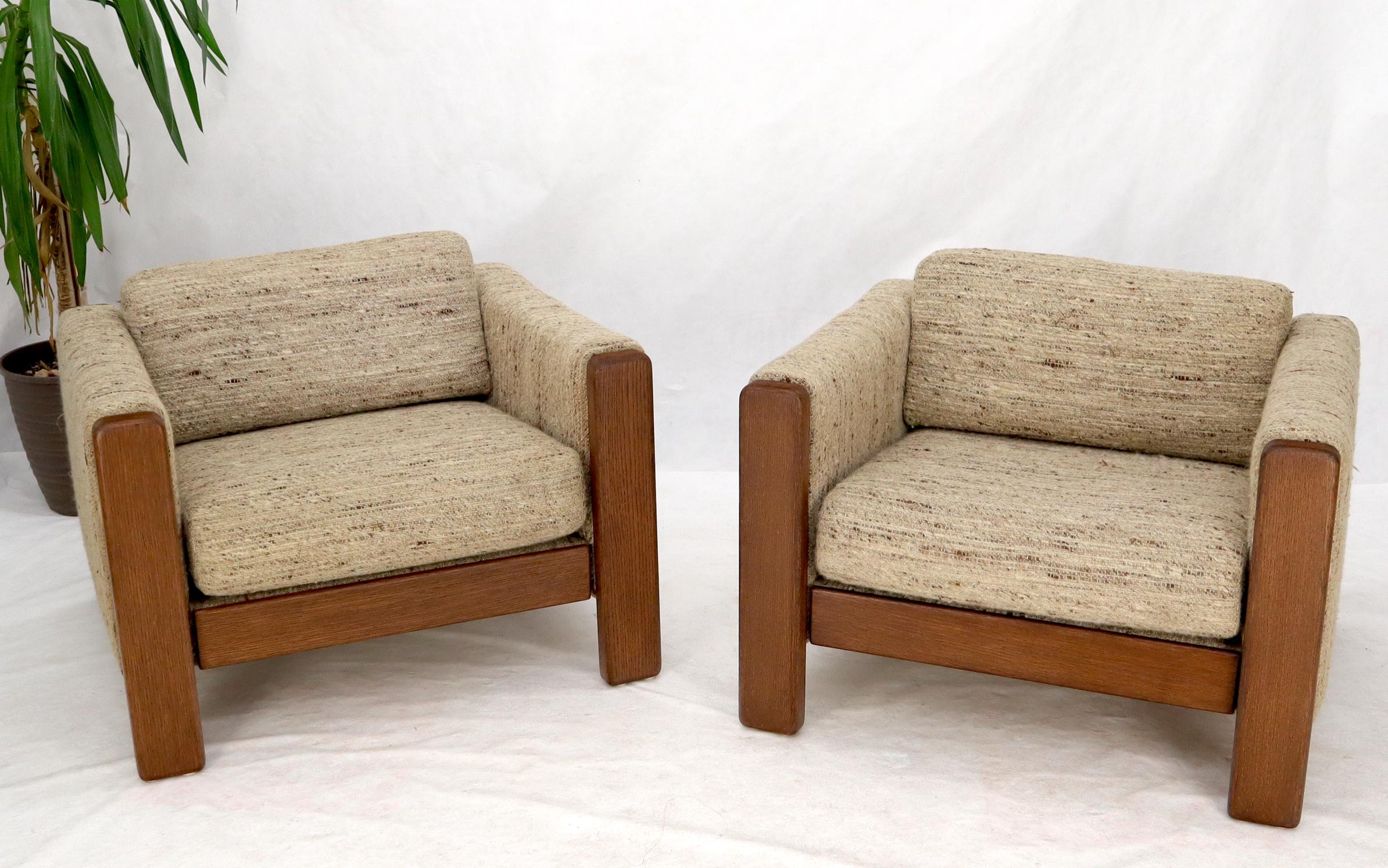 Pair of Knoll Wool Upholstery Cube Shape Lounge Club Chairs Teak Arms 13