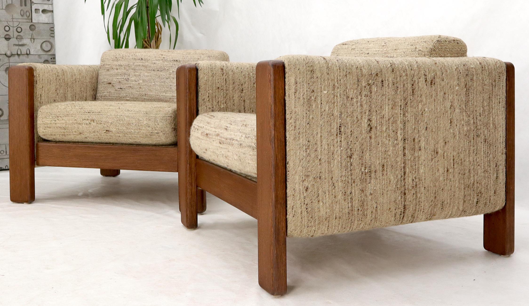 Pair or mid century Danish modern cube shape virgin wood upholstery lounge chairs by Knoll.