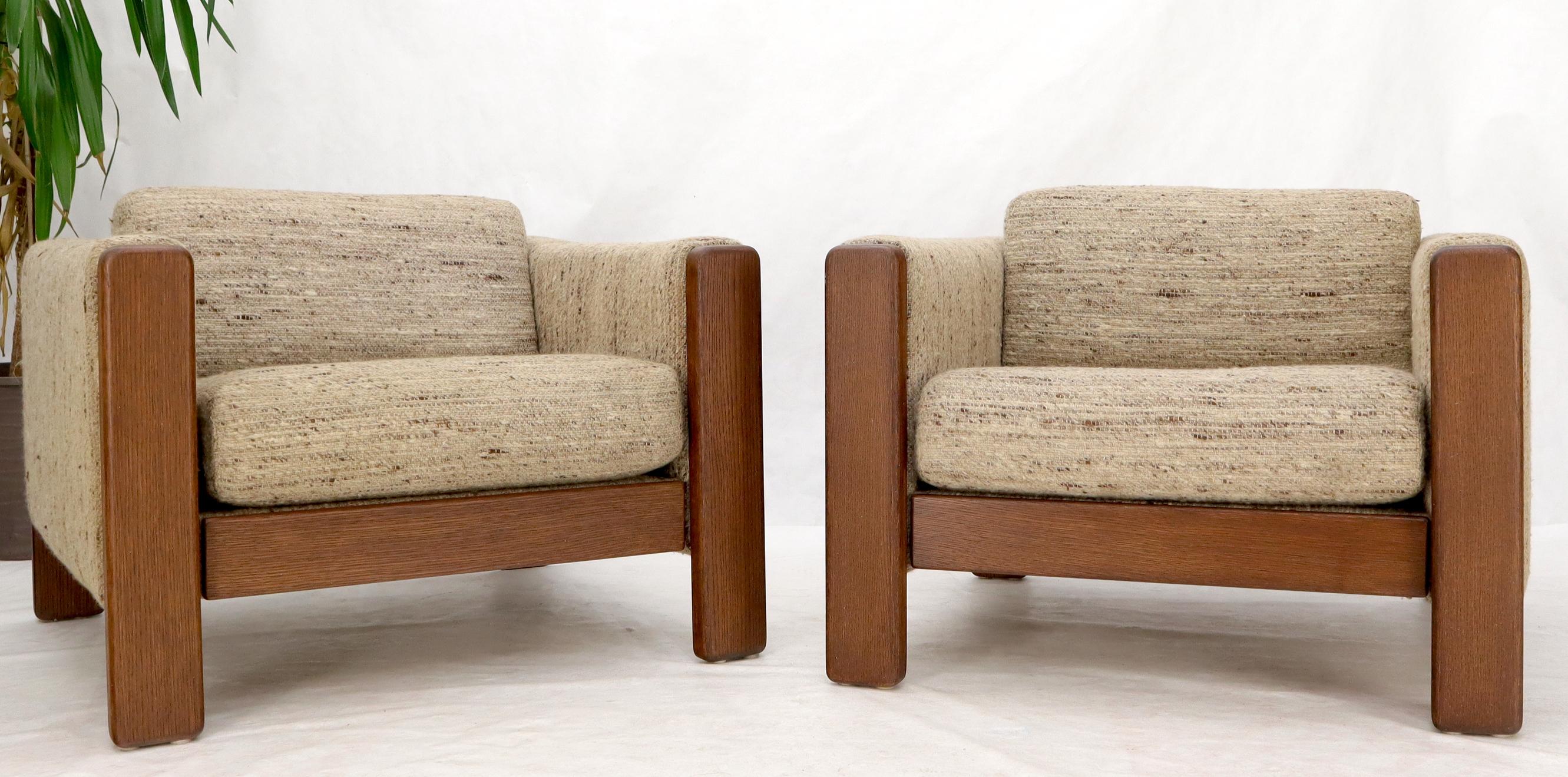 American Pair of Knoll Wool Upholstery Cube Shape Lounge Club Chairs Teak Arms