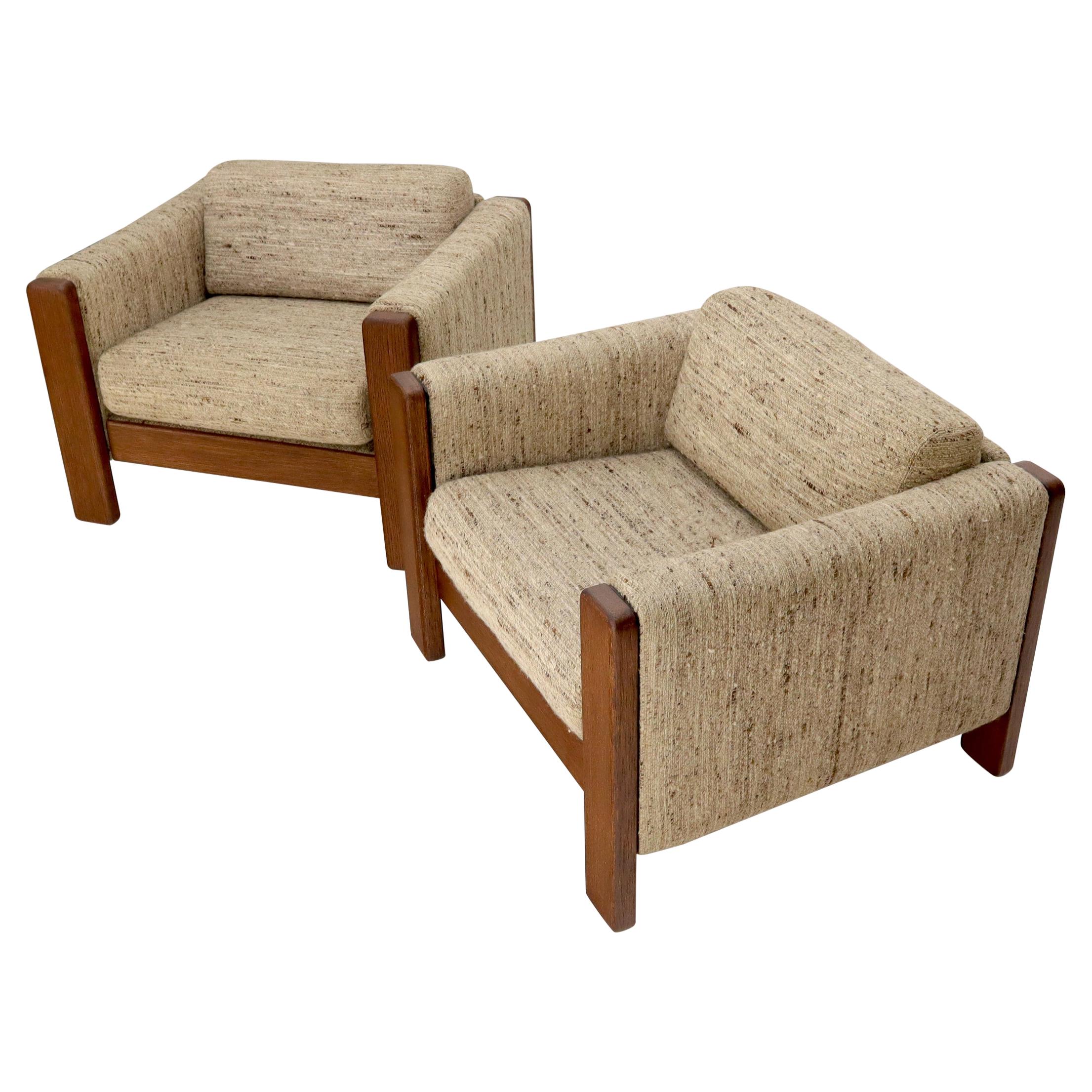 Pair of Knoll Wool Upholstery Cube Shape Lounge Club Chairs Teak Arms