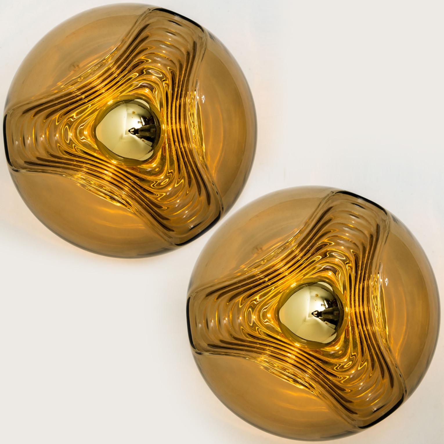 Late 20th Century Pair of Koch & Lowy Smoked Glass Wall or Flush Lights by Peill Putzler, 1970