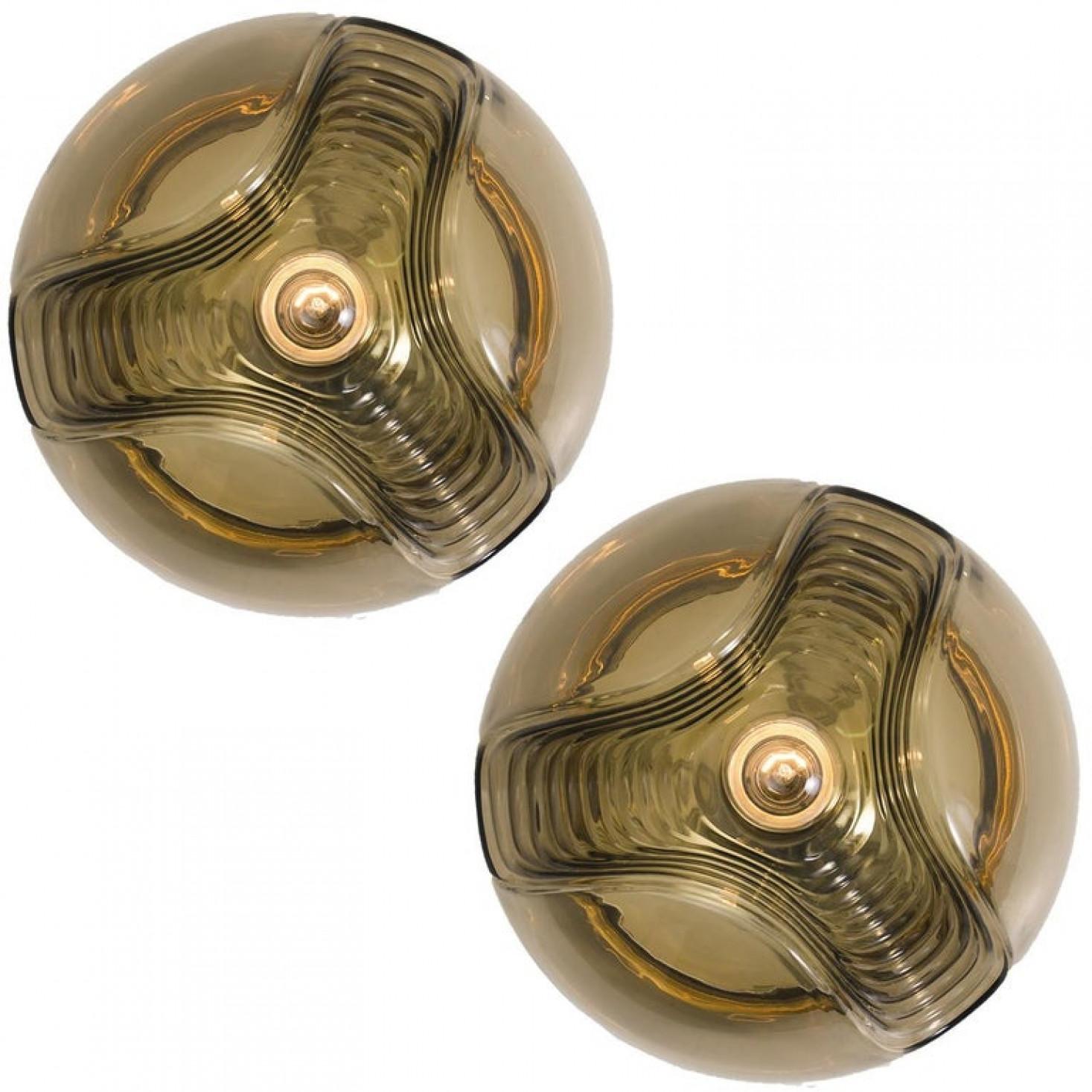 Pair of Koch & Lowy Smoked Glass Wall Sconces/Lights by Peill Putzler, 1970 For Sale 6