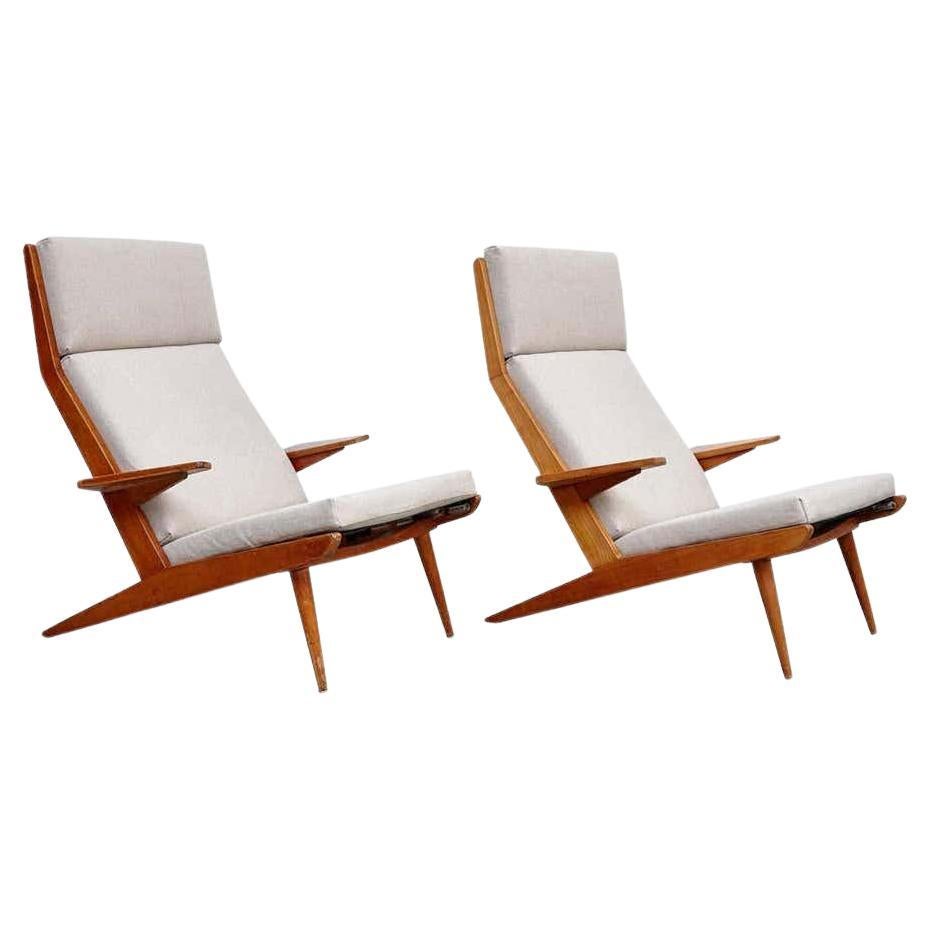 Pair of Koene Oberman, Mid-Century Modern, Wood High Back Lounge Chair, 1960 For Sale