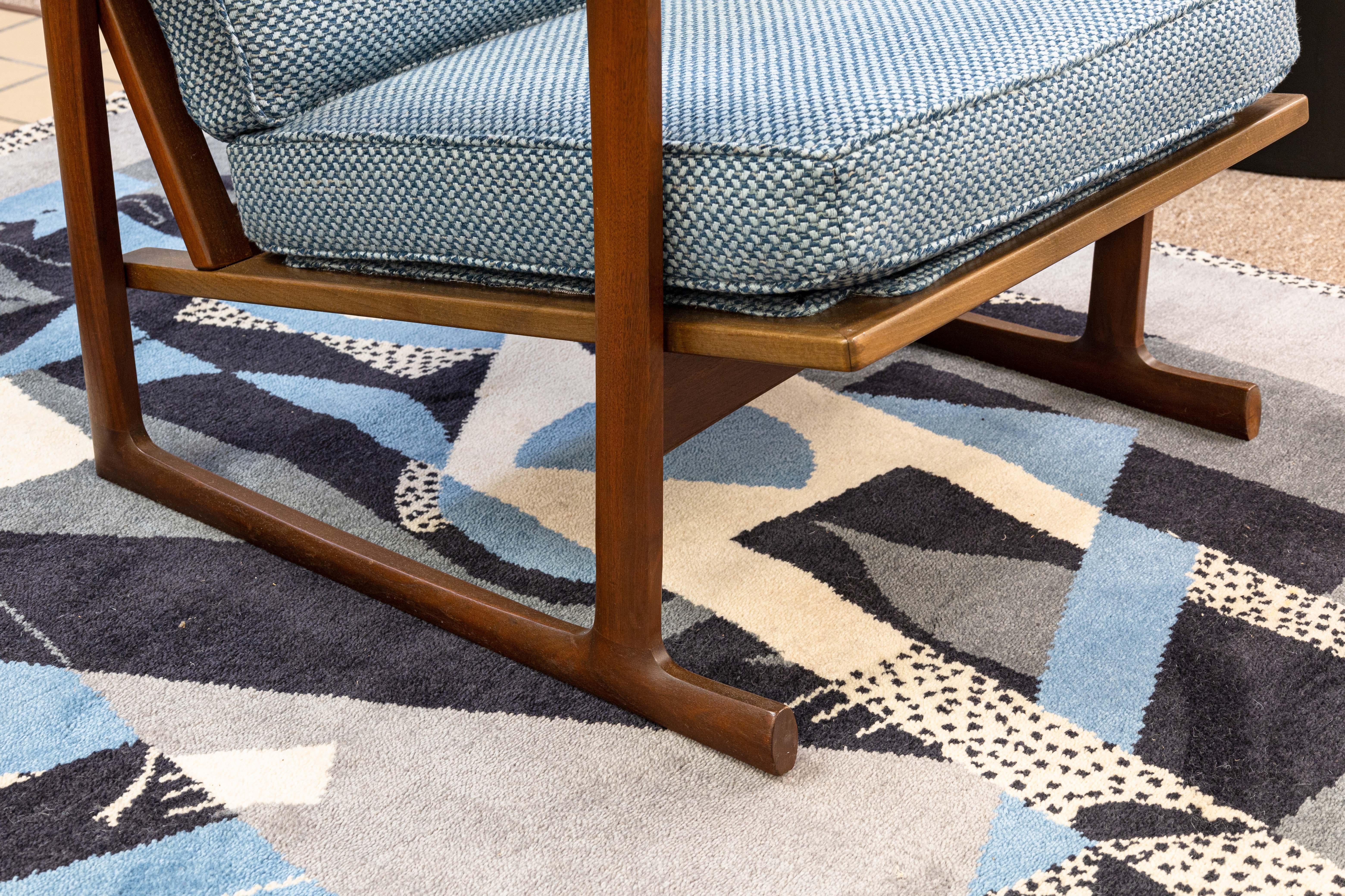 Pair of Kofod Larsen for Selig Blue Tufted Fabric Sled Chairs with Ottomans 5