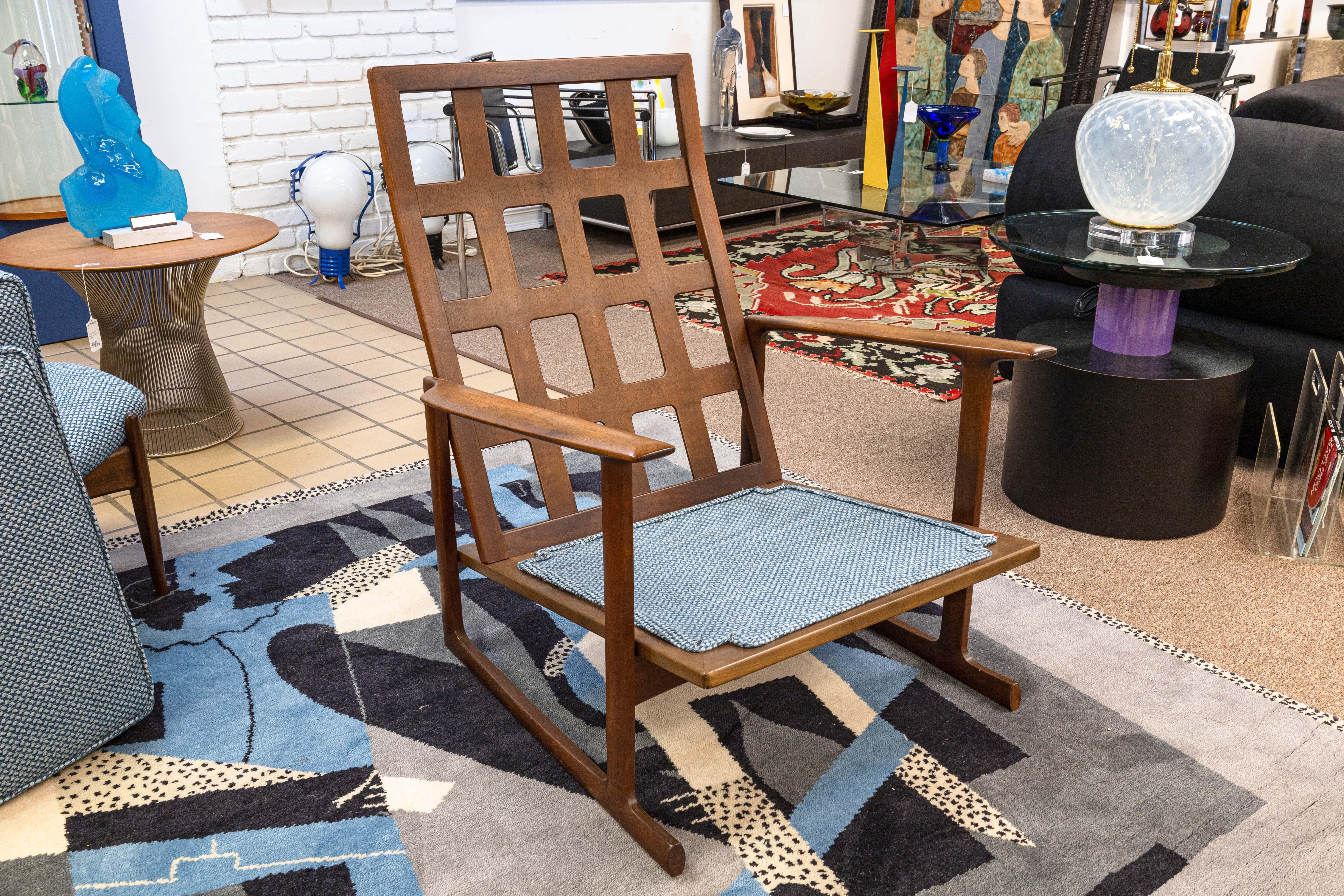 Pair of Kofod Larsen for Selig Blue Tufted Fabric Sled Chairs with Ottomans 7
