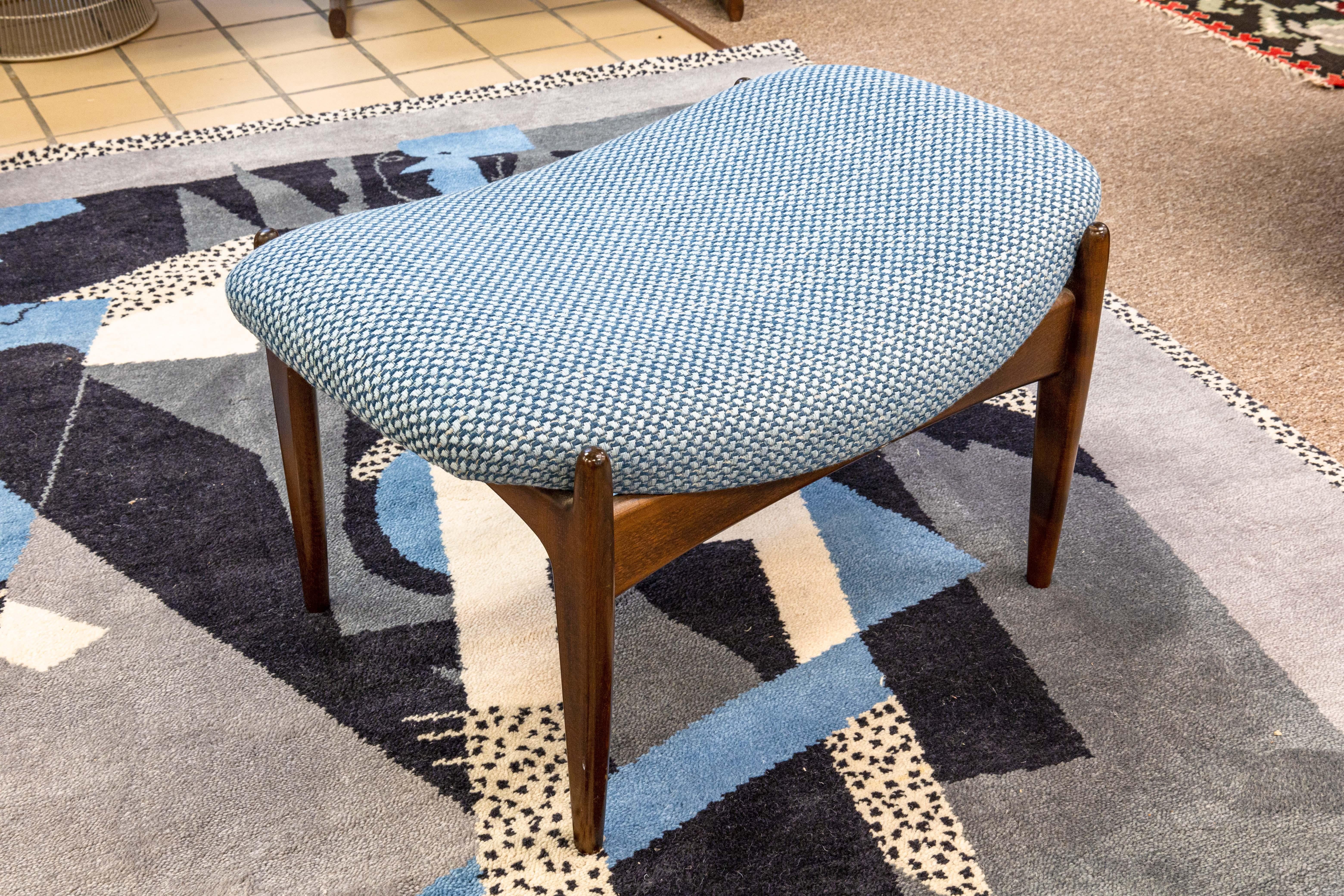 Pair of Kofod Larsen for Selig Blue Tufted Fabric Sled Chairs with Ottomans 9