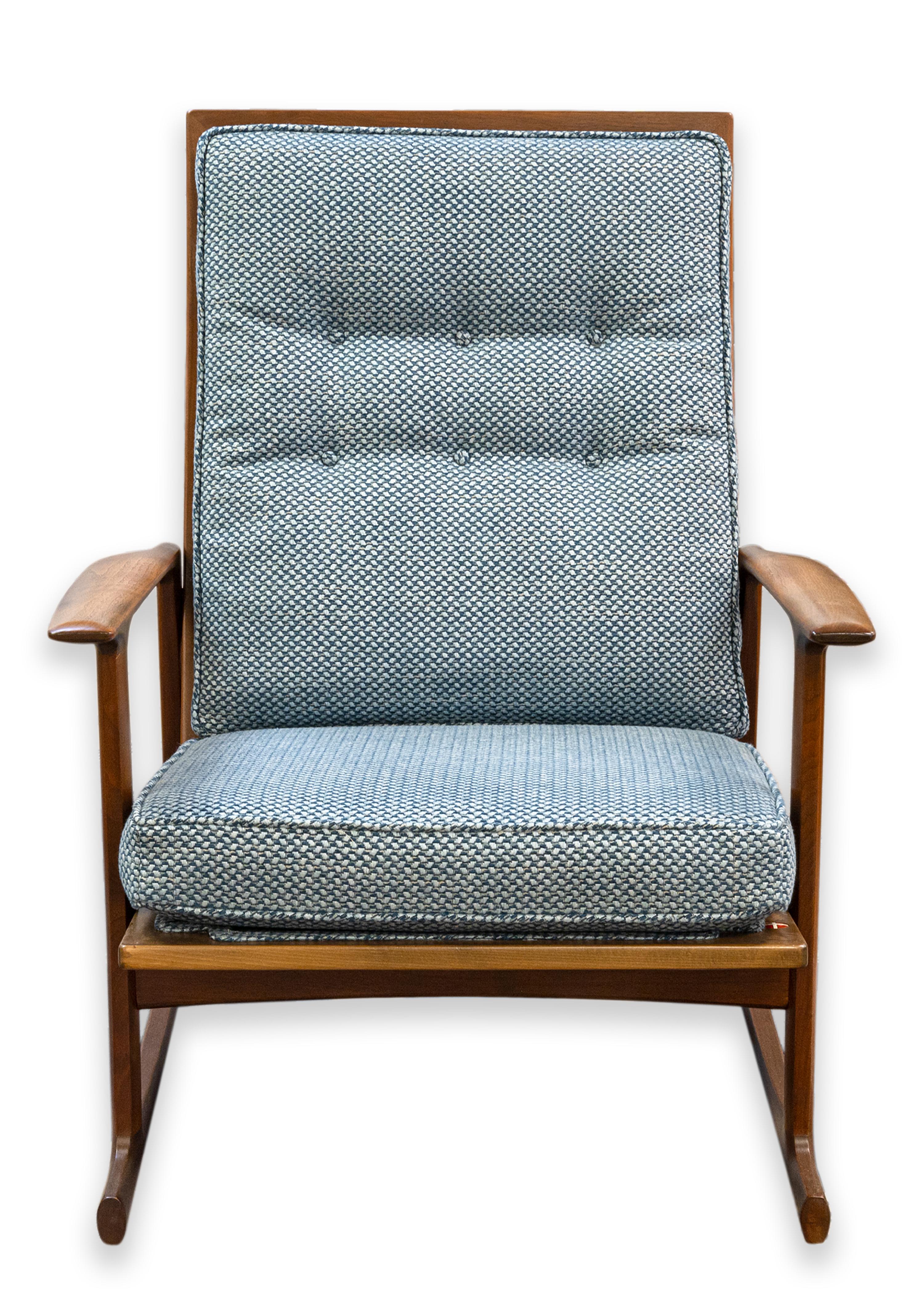Mid-Century Modern Pair of Kofod Larsen for Selig Blue Tufted Fabric Sled Chairs with Ottomans