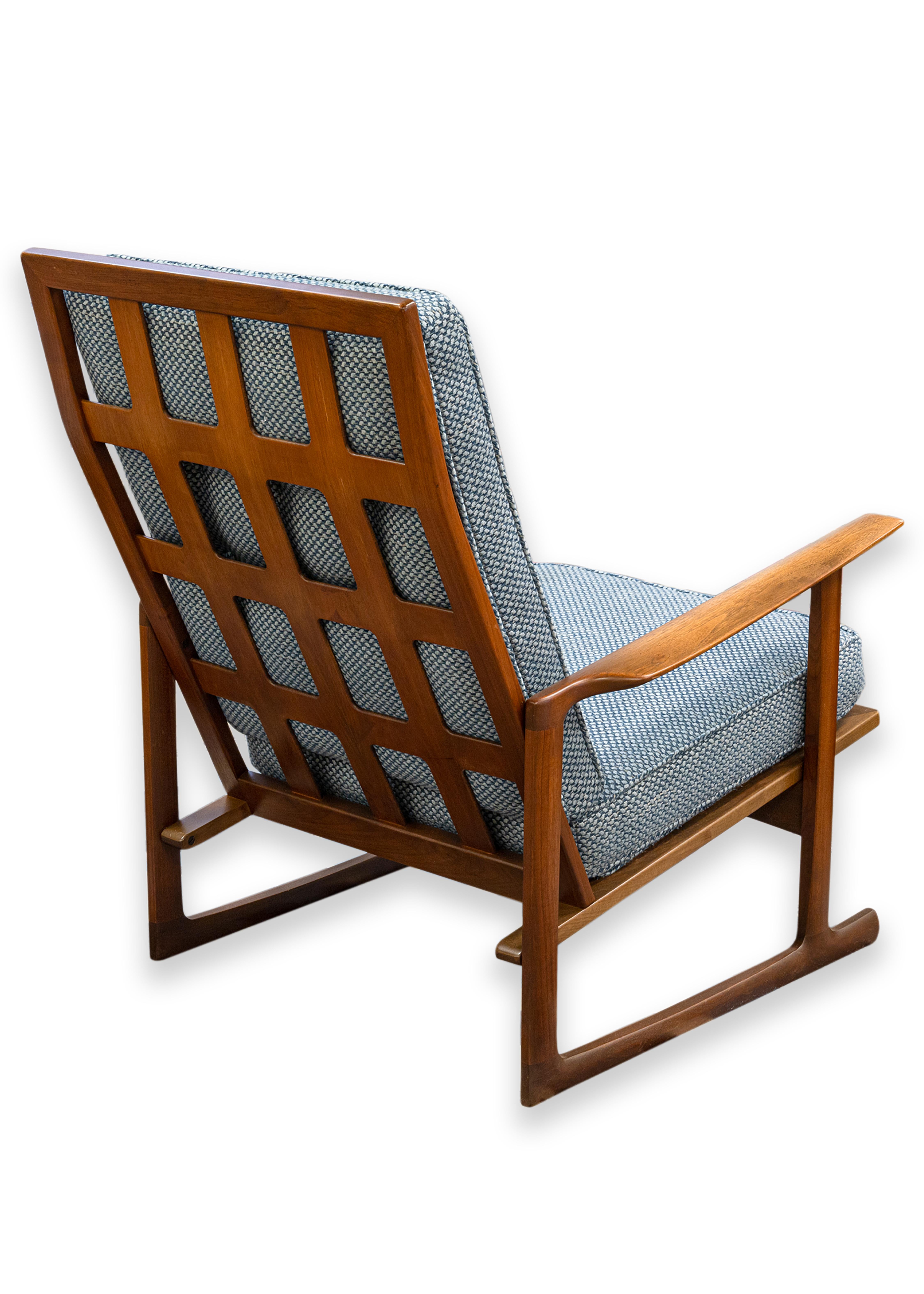 20th Century Pair of Kofod Larsen for Selig Blue Tufted Fabric Sled Chairs with Ottomans