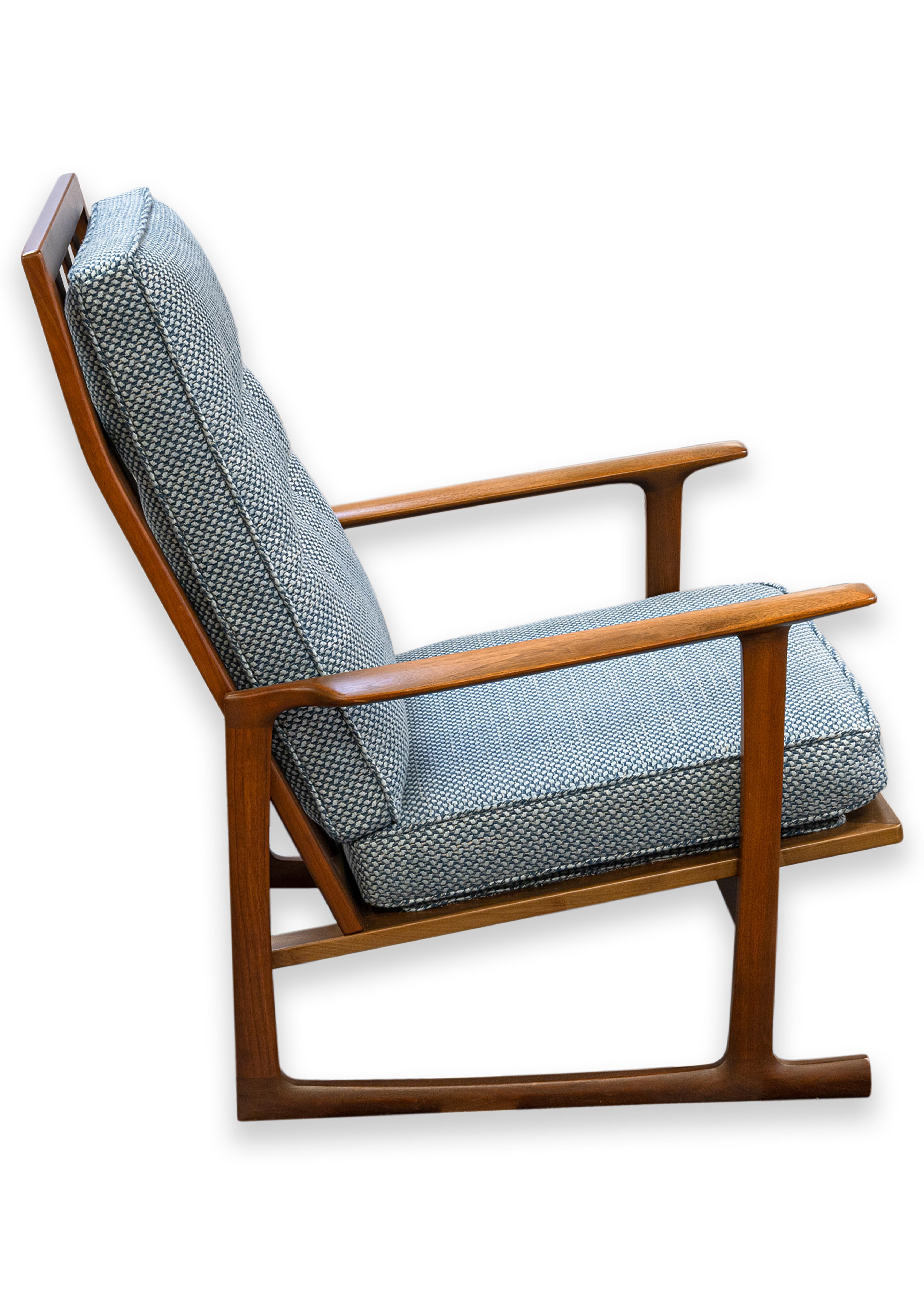 Pair of Kofod Larsen for Selig Blue Tufted Fabric Sled Chairs with Ottomans 1