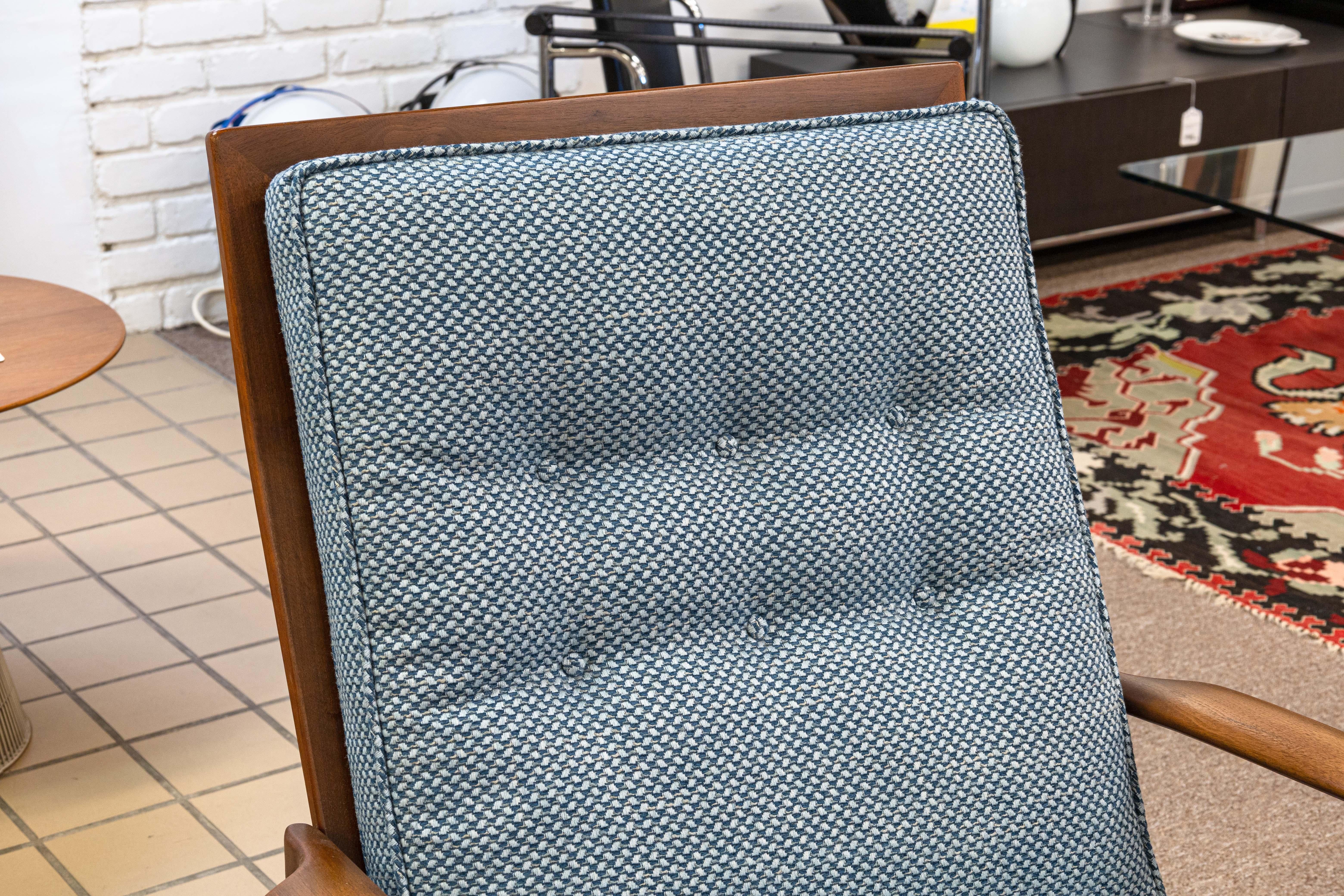 Pair of Kofod Larsen for Selig Blue Tufted Fabric Sled Chairs with Ottomans 2