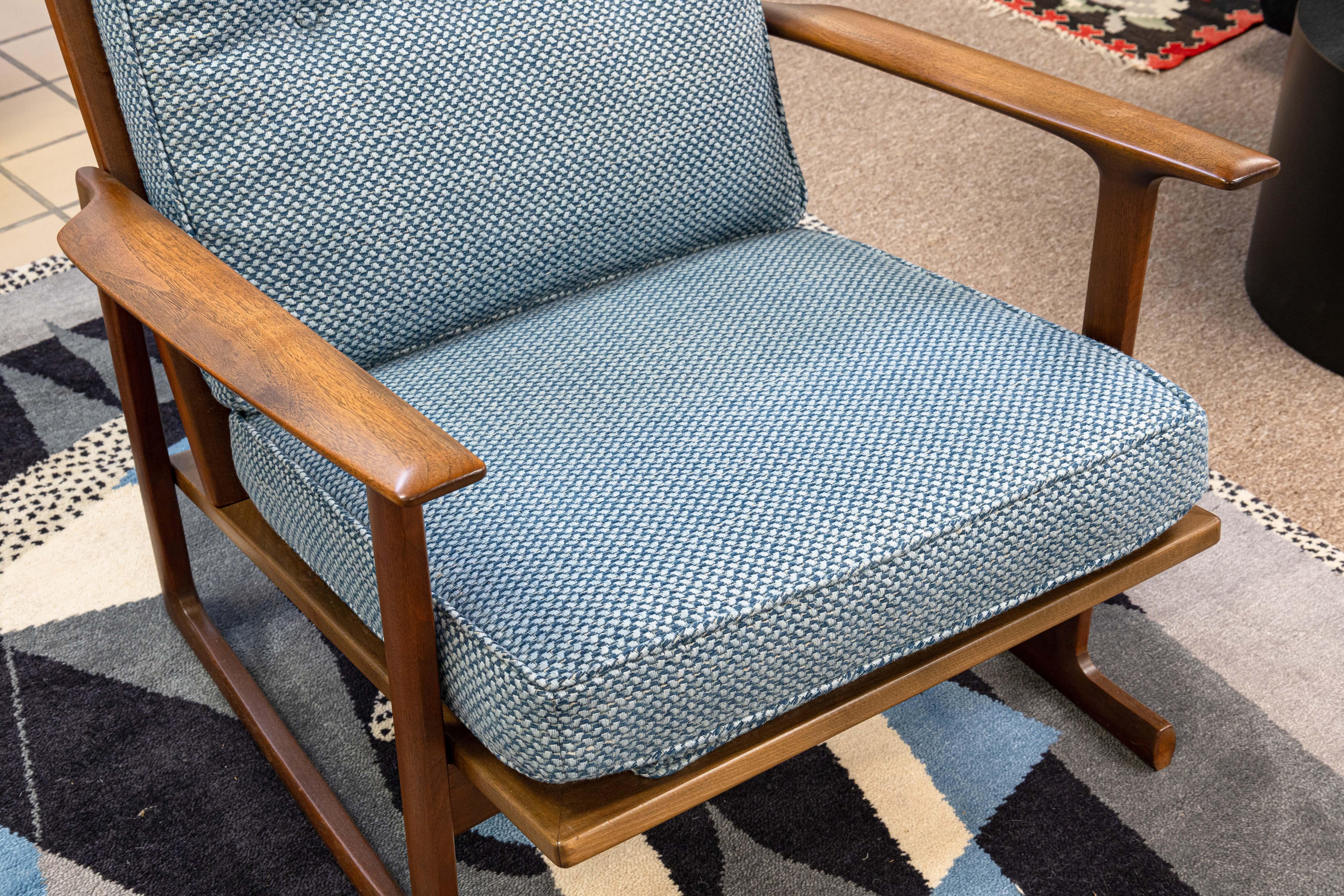 Pair of Kofod Larsen for Selig Blue Tufted Fabric Sled Chairs with Ottomans 3